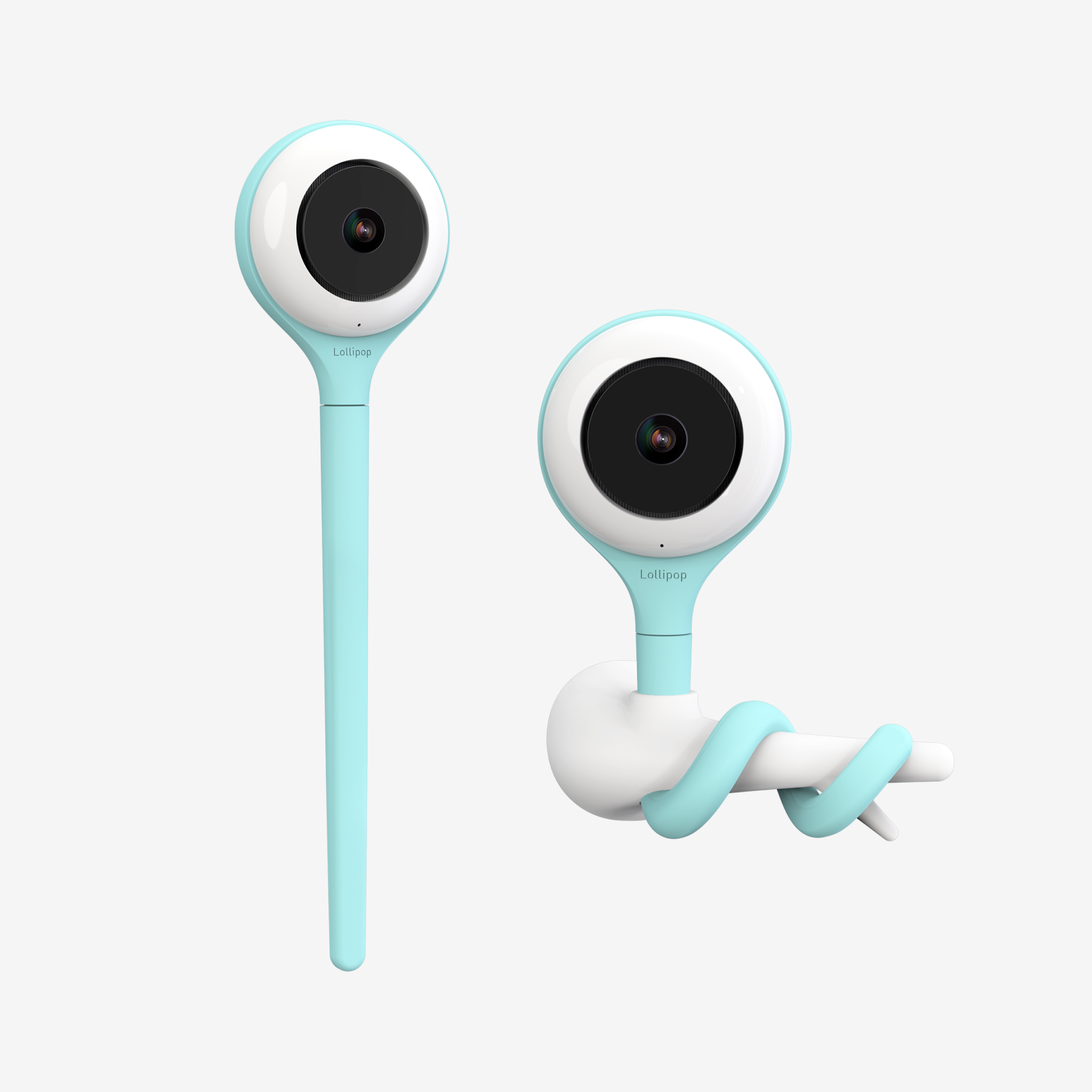 Lollipop Smart Baby Camera in Turquoise shown in two product angles, including the flexible leg and wall-mount arrangement; manufacturer rendering.