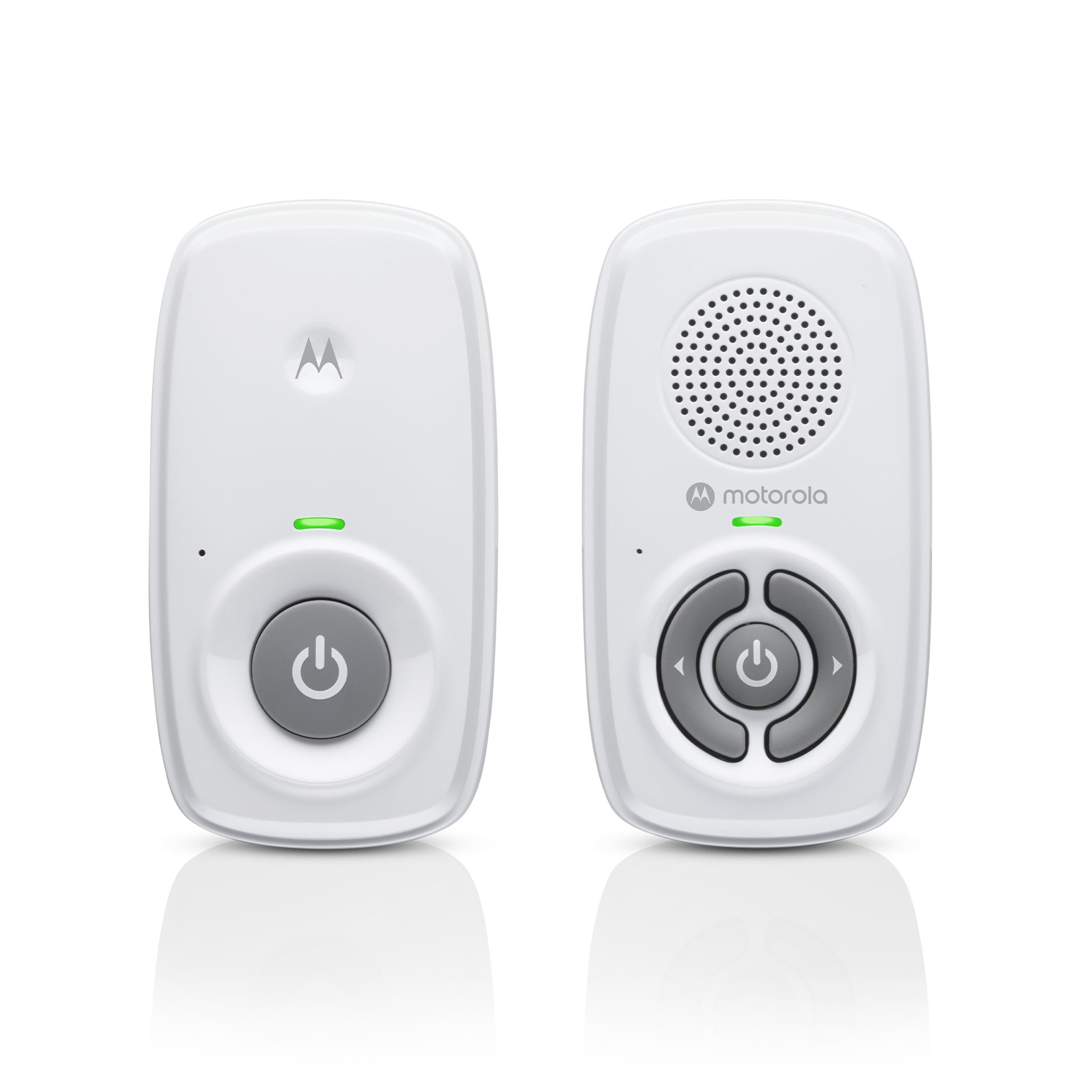 Motorola AM21 white baby audio unit and separate parent audio receiver in a clean-background manufacturer rendering.