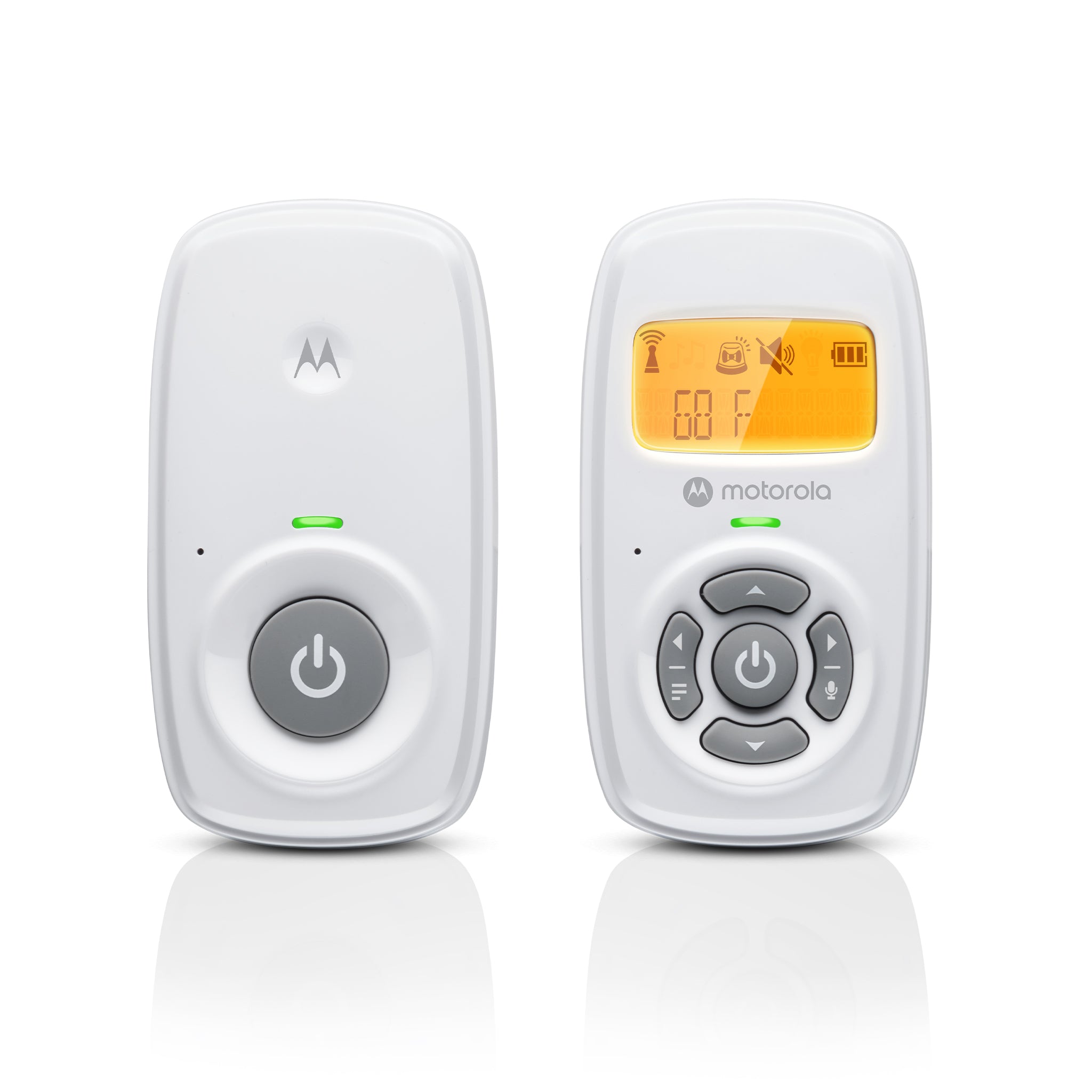 Motorola AM24 baby audio unit and parent receiver with orange-backlit status LCD in an official manufacturer rendering.