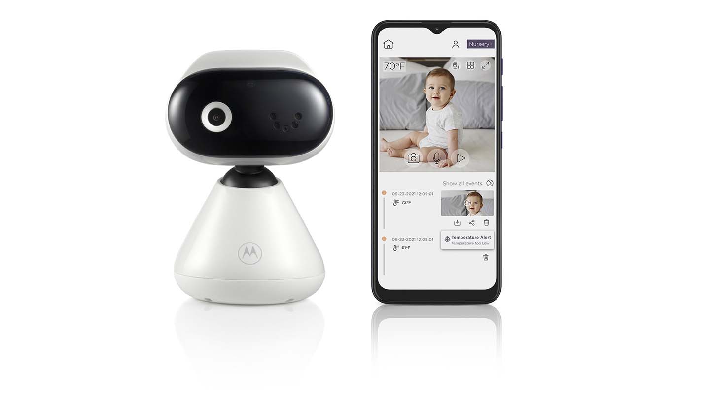 Motorola PIP1000 CONNECT fixed camera beside its phone app screen.
