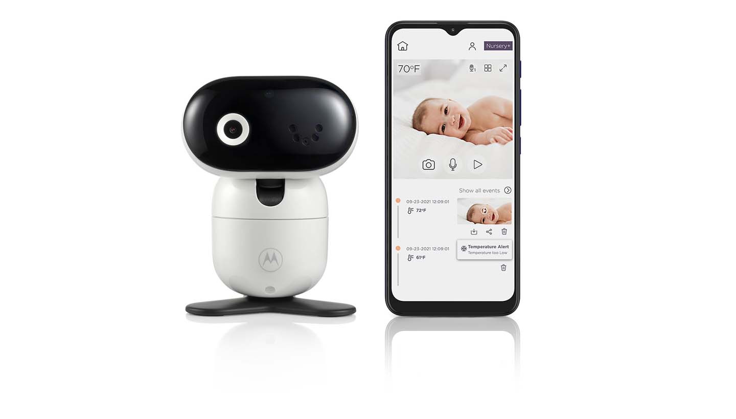 Motorola PIP1010 CONNECT motorized camera beside its phone app screen.