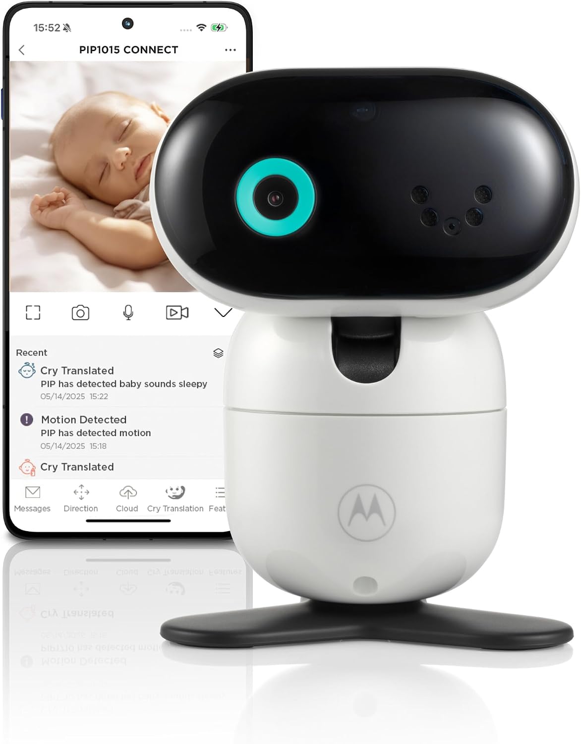 Motorola PIP1015 CONNECT Wi-Fi camera beside a phone displaying the app interface, in a manufacturer product composite.