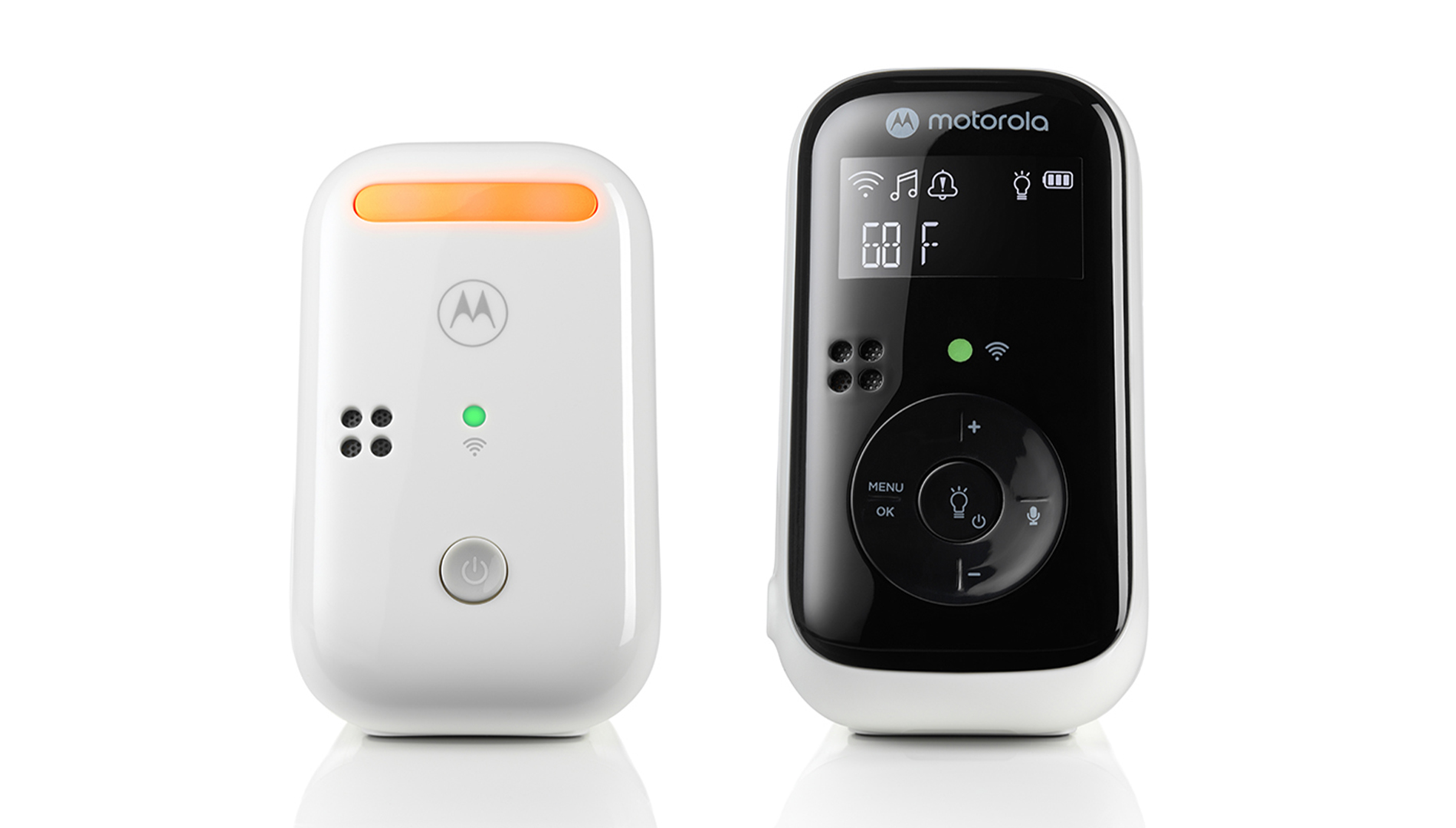 Motorola PIP11 baby unit with amber night light and parent audio receiver with LCD shown in a clean-background manufacturer rendering.