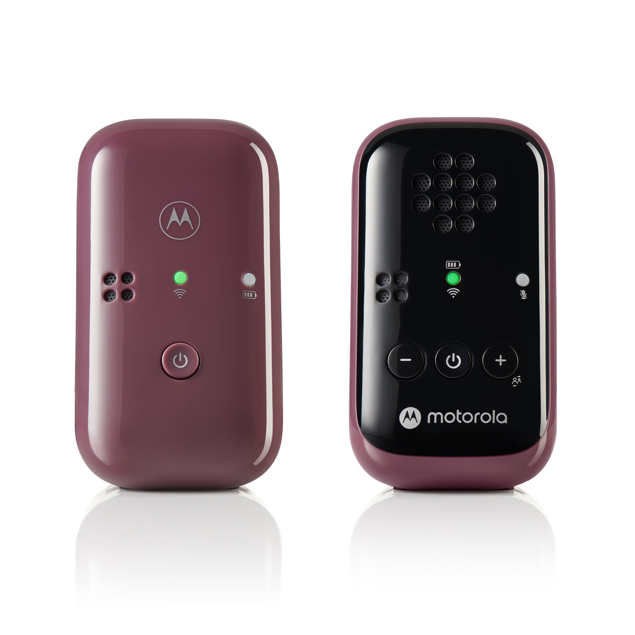 Motorola PIP12 TRAVEL baby audio unit and parent receiver in plum shown separately in a clean-background manufacturer rendering.