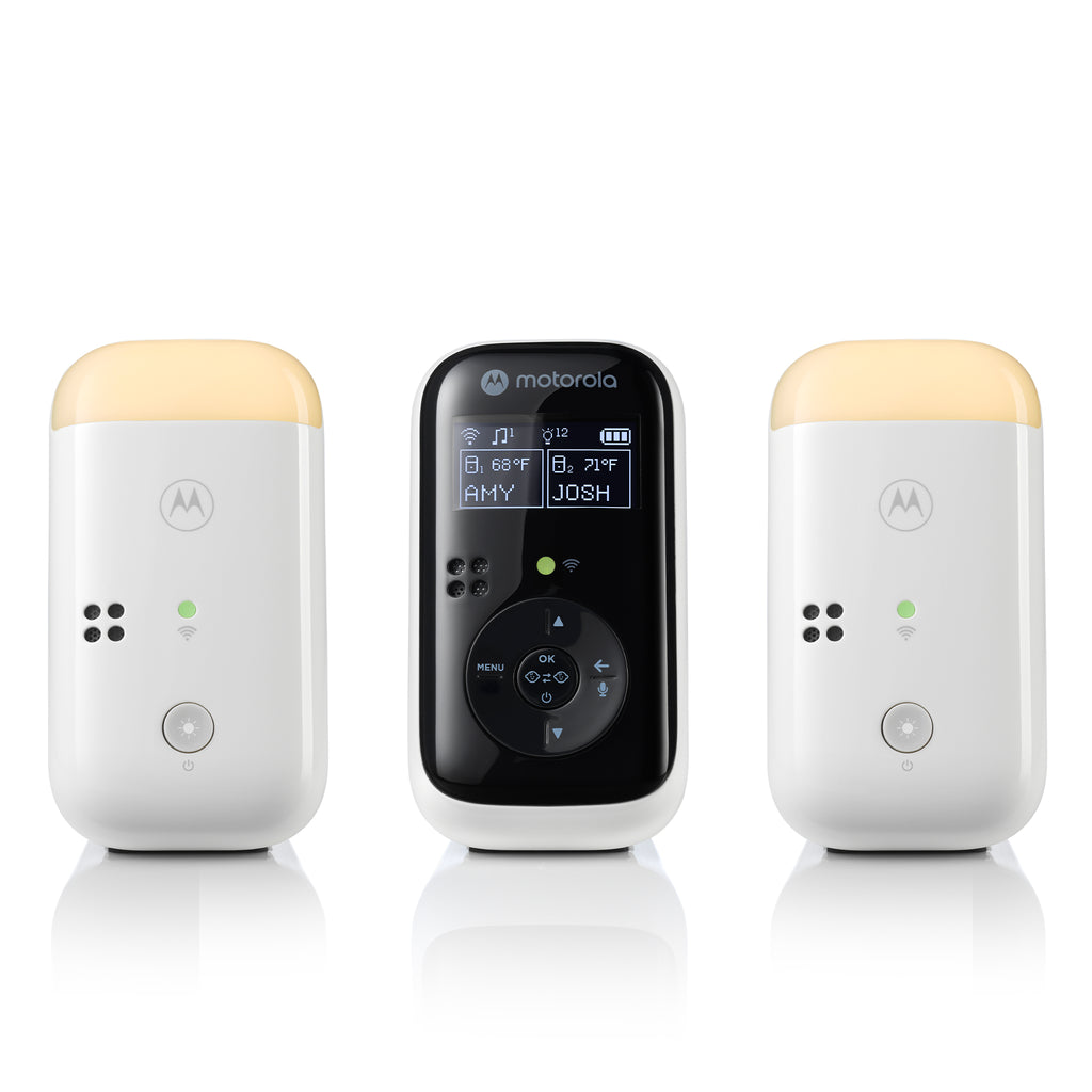 Motorola PIP15-2 MULTI black-front parent audio receiver between two matching white baby units, shown in a manufacturer rendering.