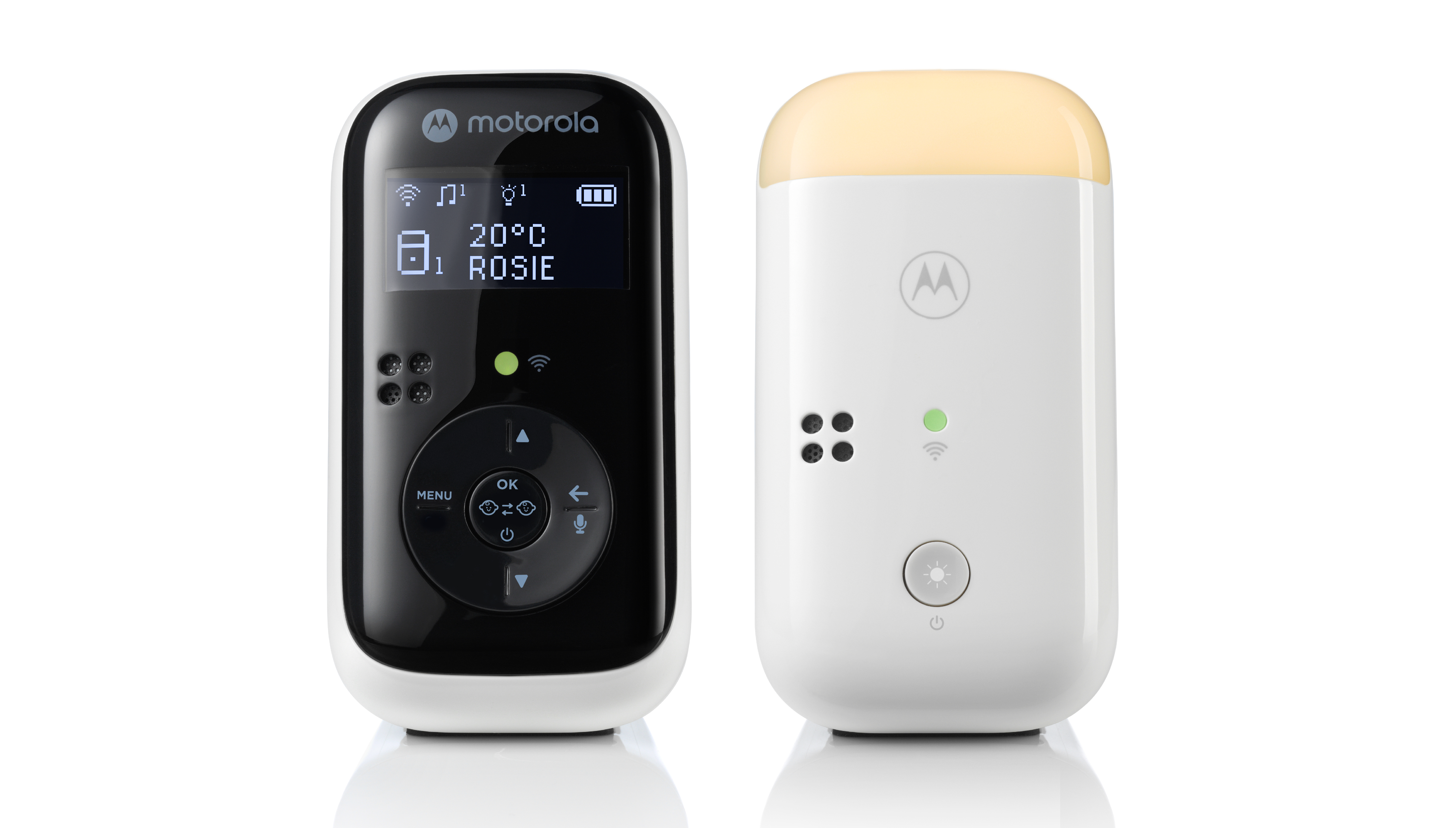 Motorola PIP15 parent audio receiver beside one matching baby unit in a manufacturer rendering.