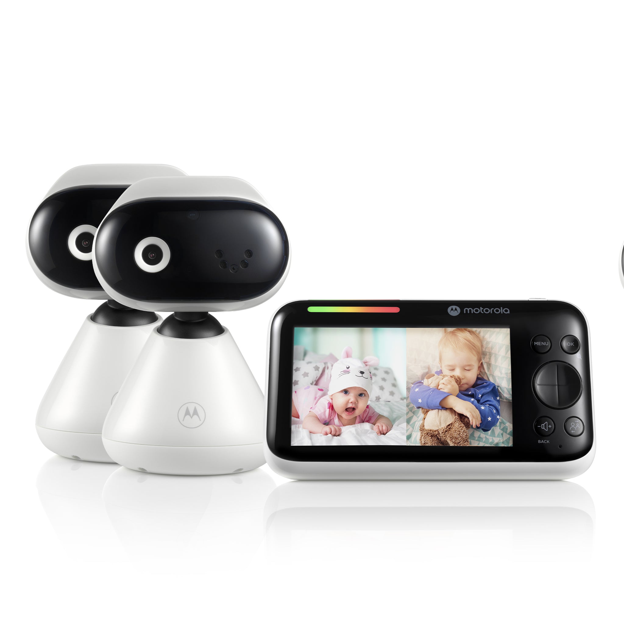 Motorola PIP1500-2 CONNECT Twin Pack manufacturer composite: two white camera units, one five-inch parent display showing two pictures, and a phone.