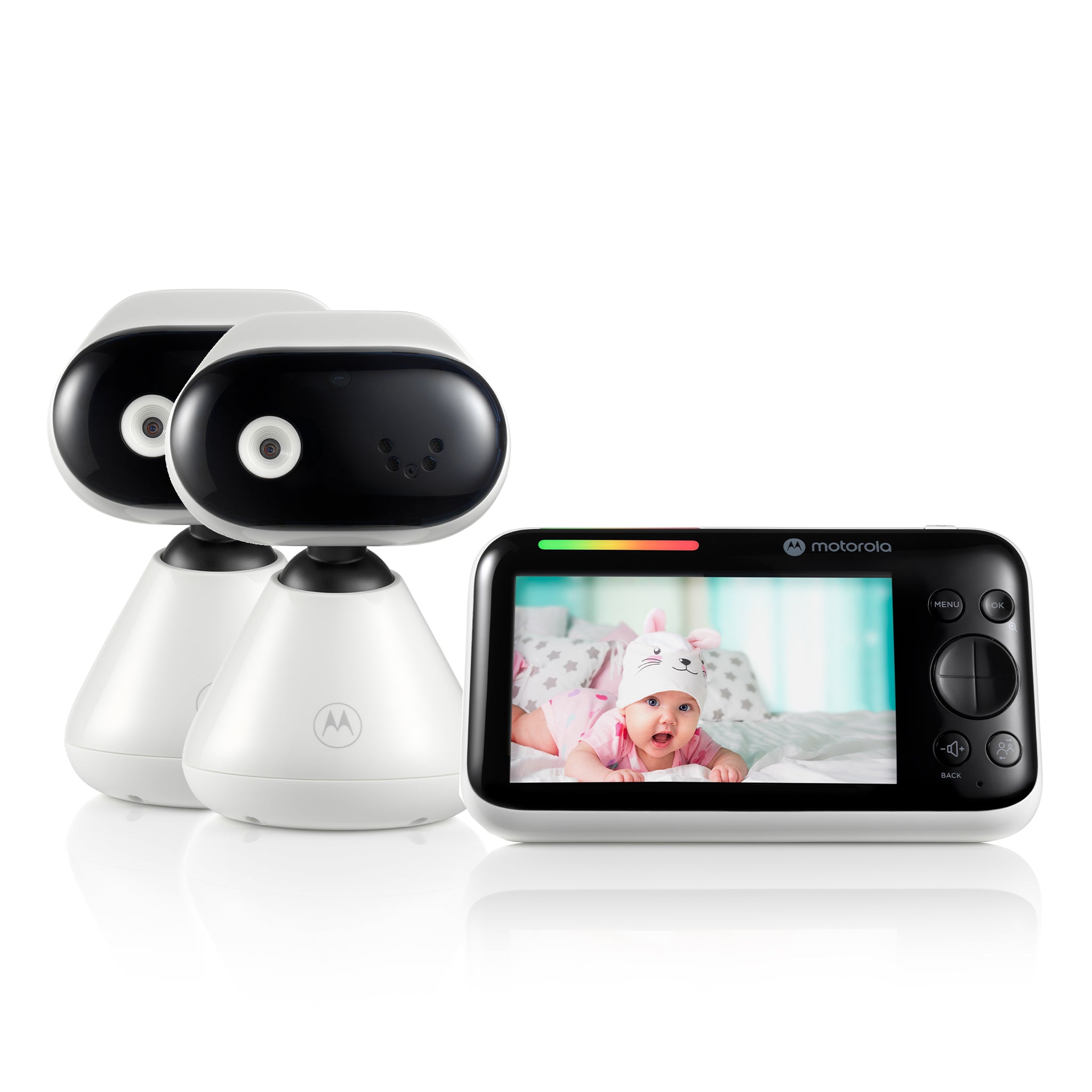 Motorola PIP1500-2 Twin Pack with two white camera units and one black-front five-inch parent display, shown in an official manufacturer rendering.