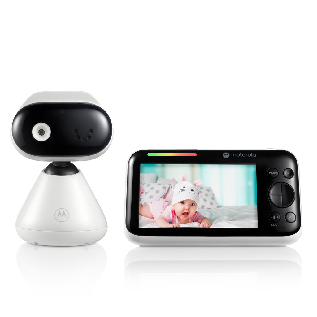 Motorola PIP1500 single-camera kit: one white baby camera and one black-front parent display with staged child-screen artwork, shown in an official manufacturer product composite.