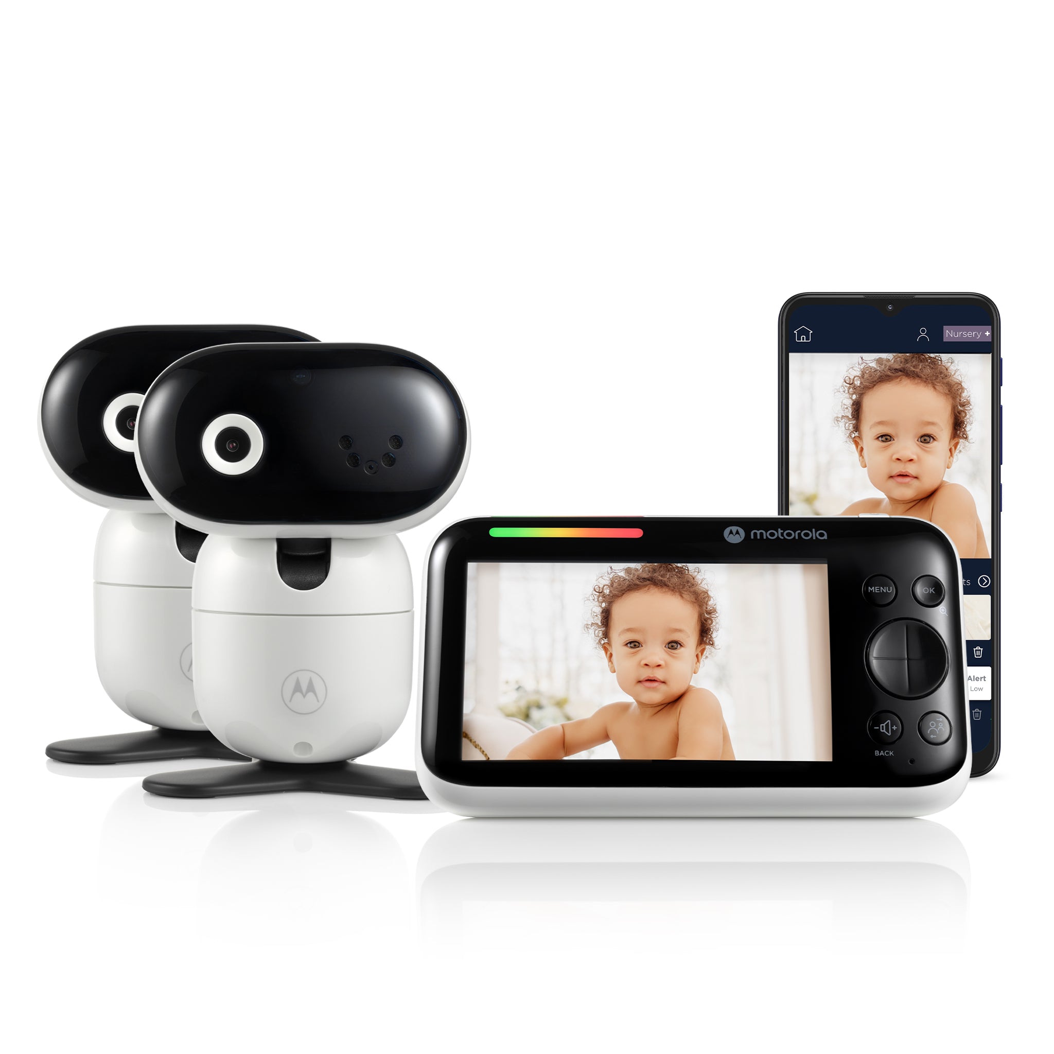 Motorola PIP1510-2 CONNECT Twin Pack with two white motorized cameras, one five-inch receiver and phone, in a staged manufacturer composite.