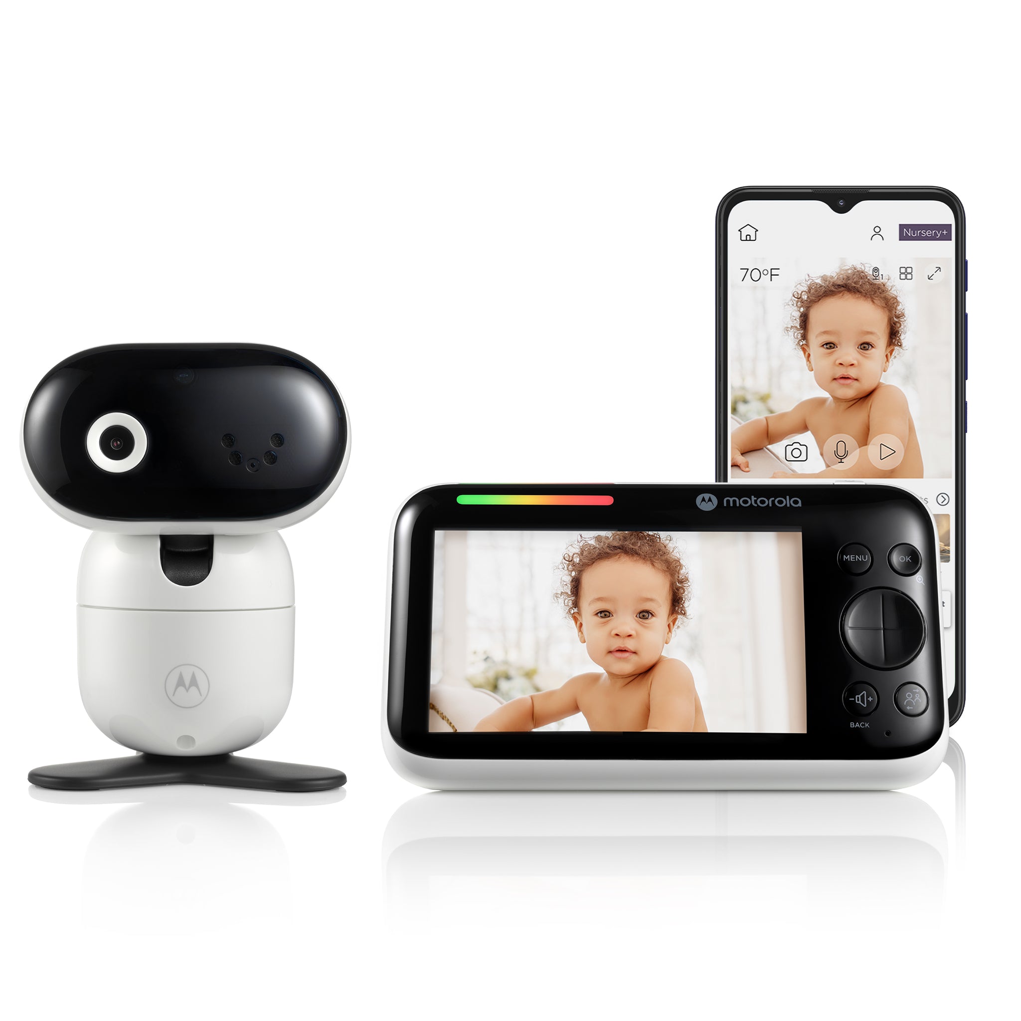 Motorola PIP1510 CONNECT single-camera package: one white motorized camera, a five-inch parent receiver and a phone, in a staged manufacturer composite.