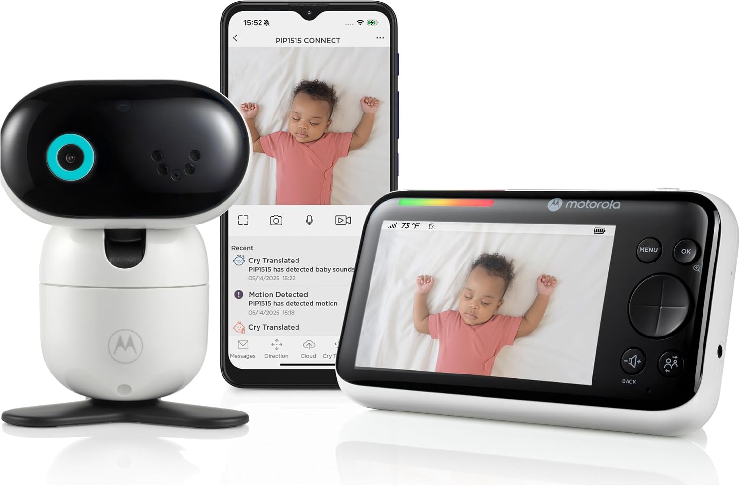 Motorola PIP1515 CONNECT exact single-camera package composite showing one camera, one five-inch parent display and phone-app screen.