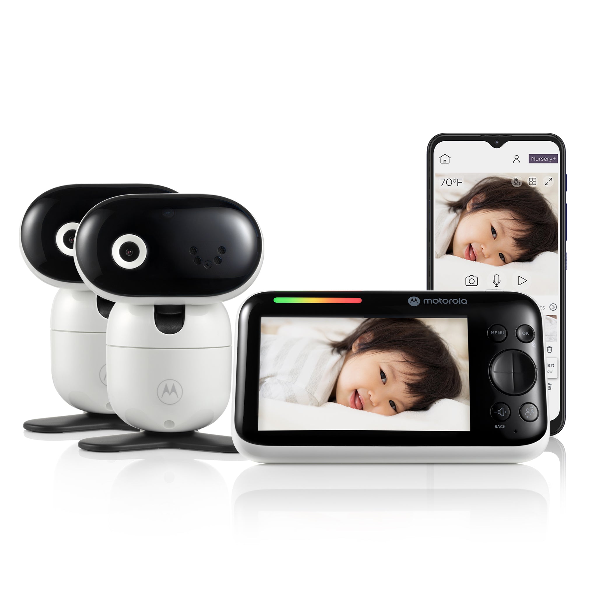 Motorola PIP1610-2 HD CONNECT twin package with two white camera units, a five-inch parent display and a phone showing staged child-screen artwork.