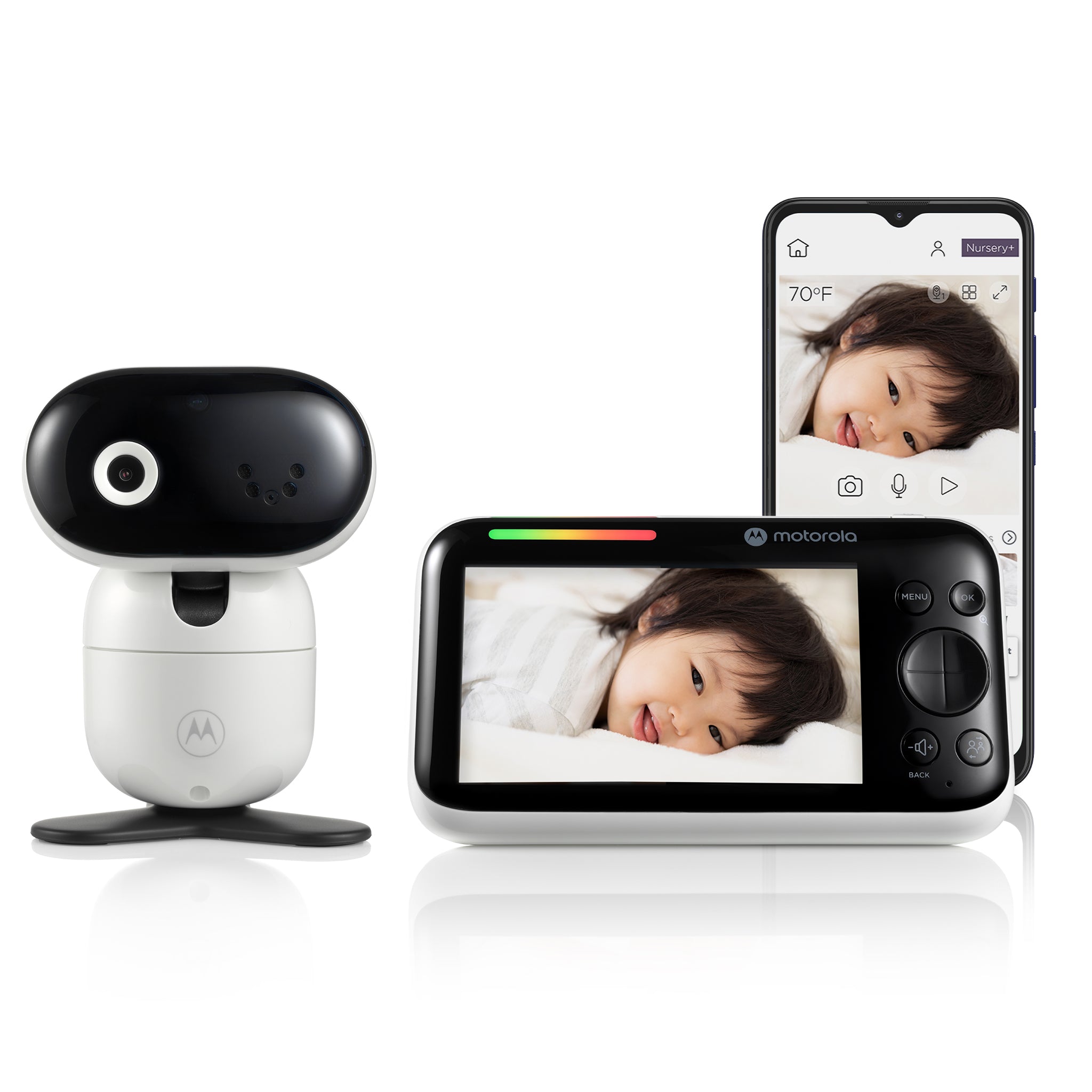 Motorola PIP1610 HD CONNECT single-camera kit with one white motorized camera, one five-inch parent display and a phone displaying staged child-screen artwork.