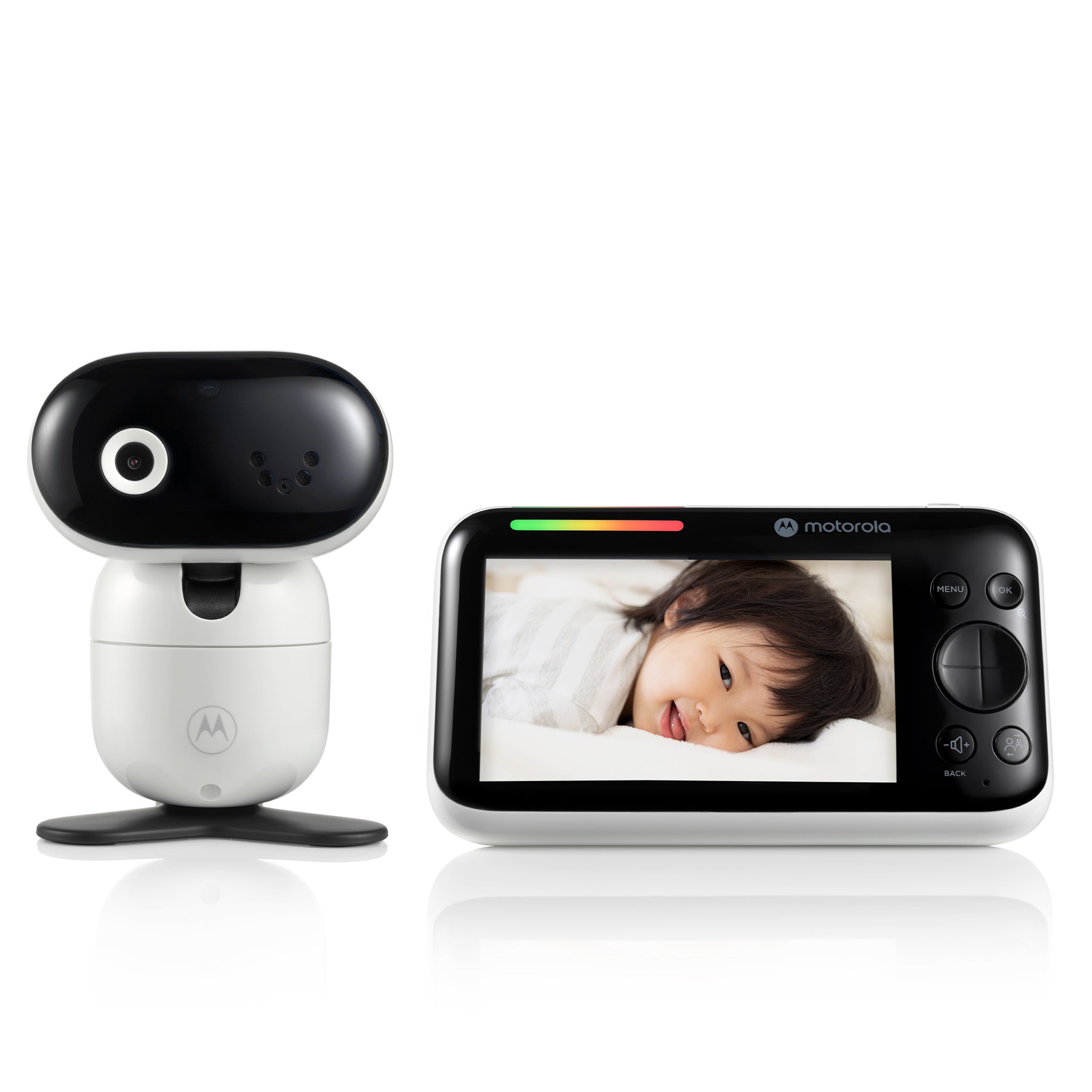 Motorola PIP1610 HD standard kit showing one white motorized camera and one black-front parent display with staged child-screen artwork.