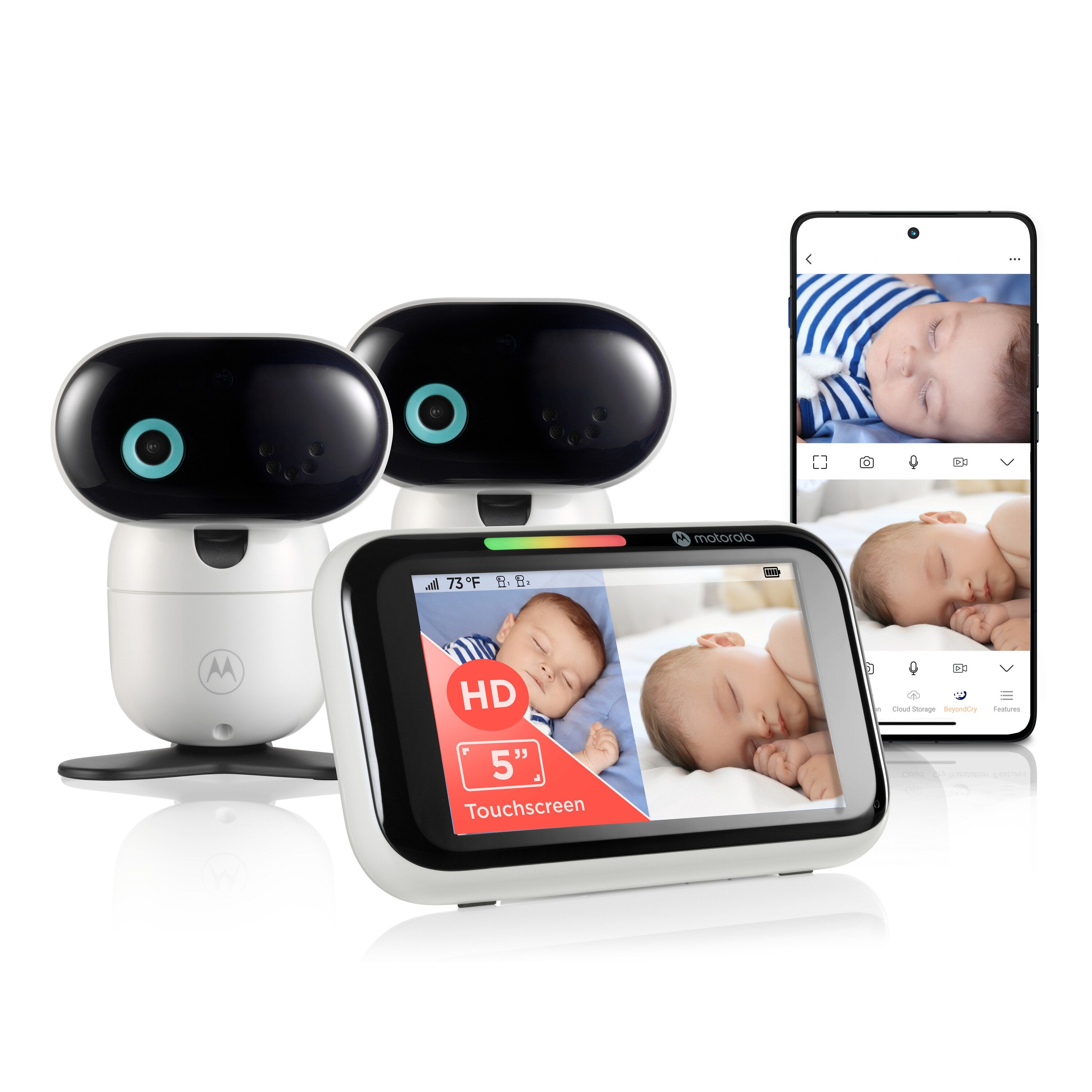 Original manufacturer image downloaded from the exact U.S. listing and personally inspected at native 3000 × 3000 resolution on 2026-10-23. It depicts 2 cameras, a parent unit and phone/app imagery consistent with this exact package. It is a staged manufacturer composite/rendering, not an installation photograph.