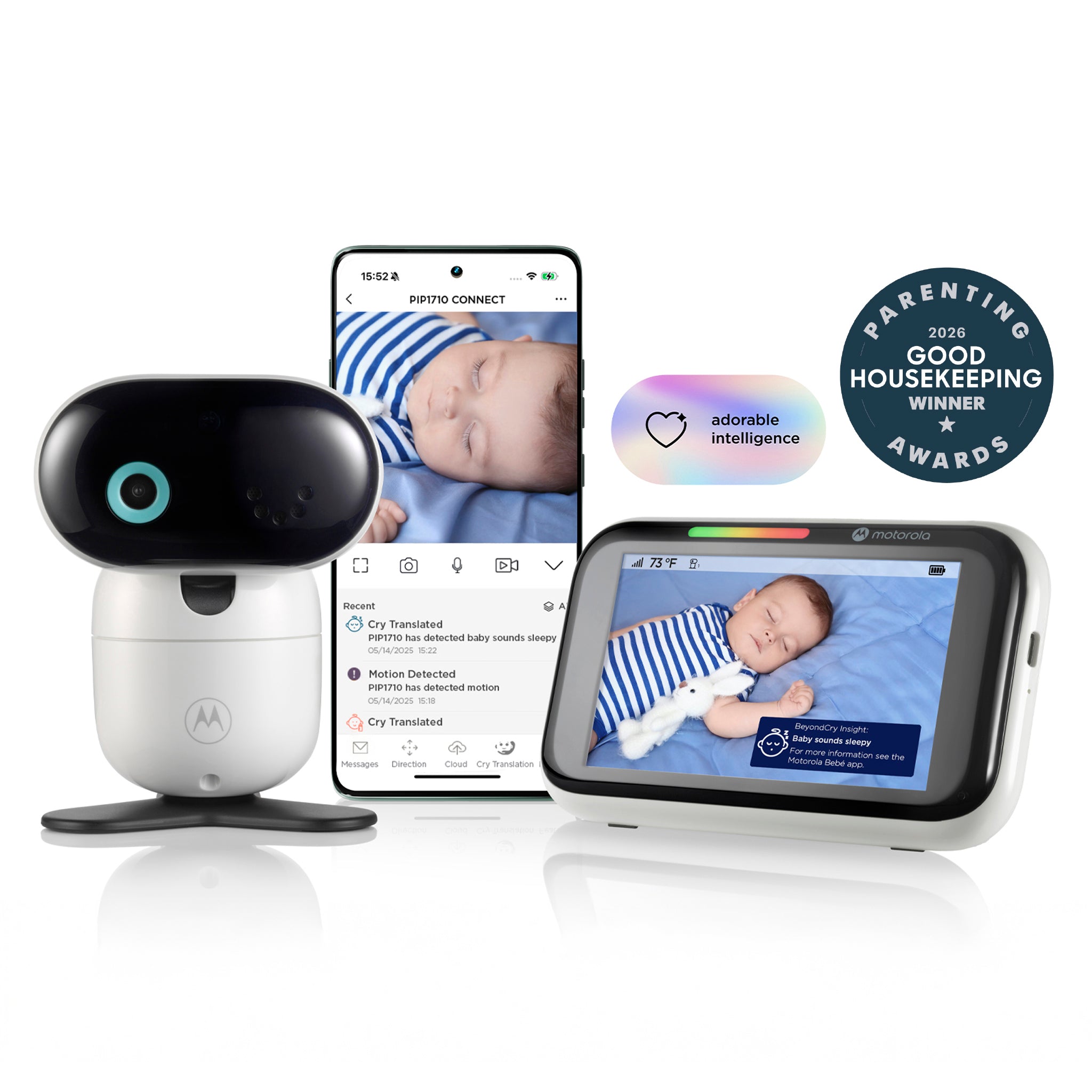 Original manufacturer image downloaded from the exact U.S. listing and personally inspected at native 2048 × 2048 resolution on 2026-10-23. It depicts 1 camera, a parent unit and phone/app imagery consistent with this exact package. It is a staged manufacturer composite/rendering, not an installation photograph.
