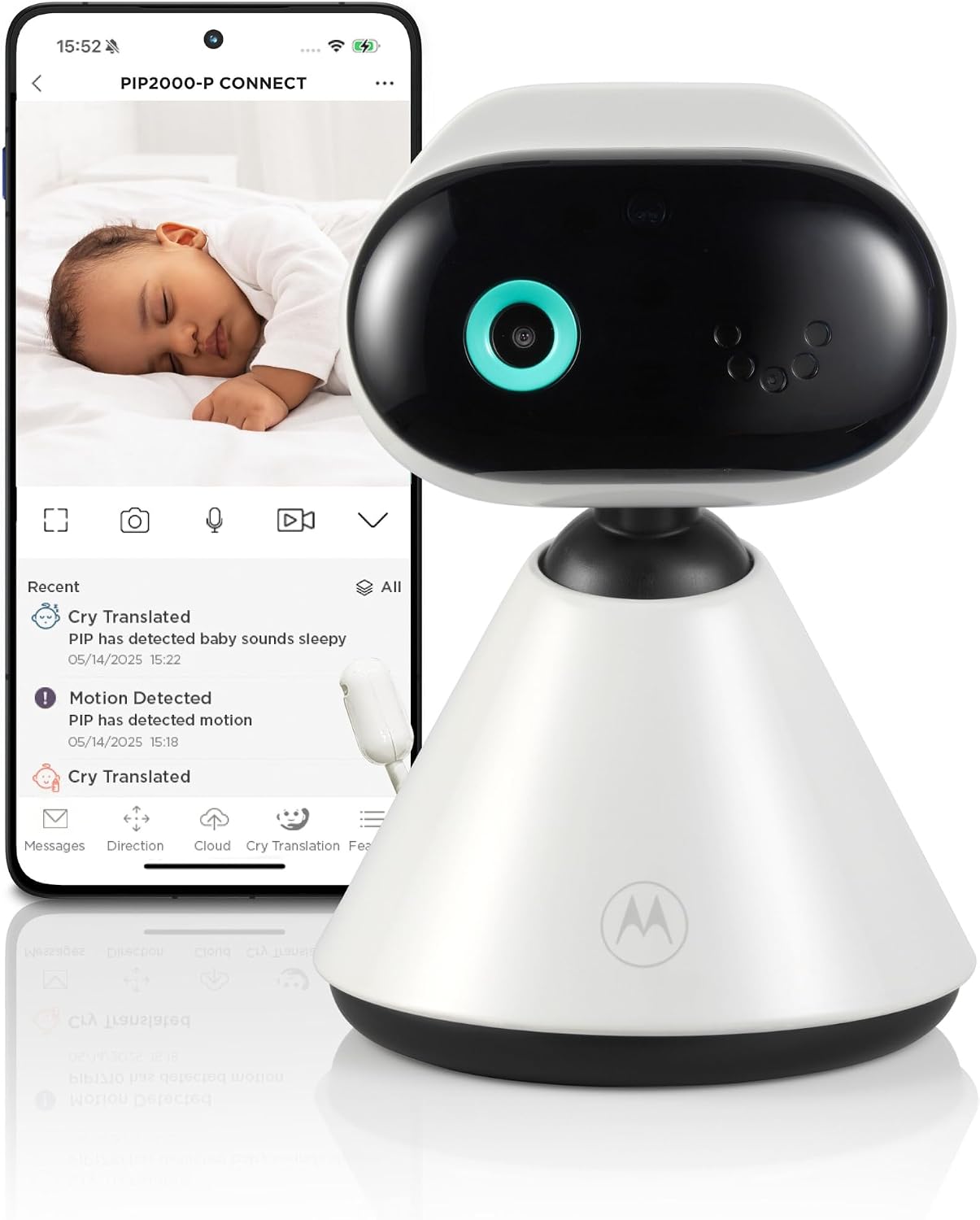 Motorola PIP2000-P CONNECT camera in front of a phone showing the model-named app screen, shown in a staged manufacturer product composite.