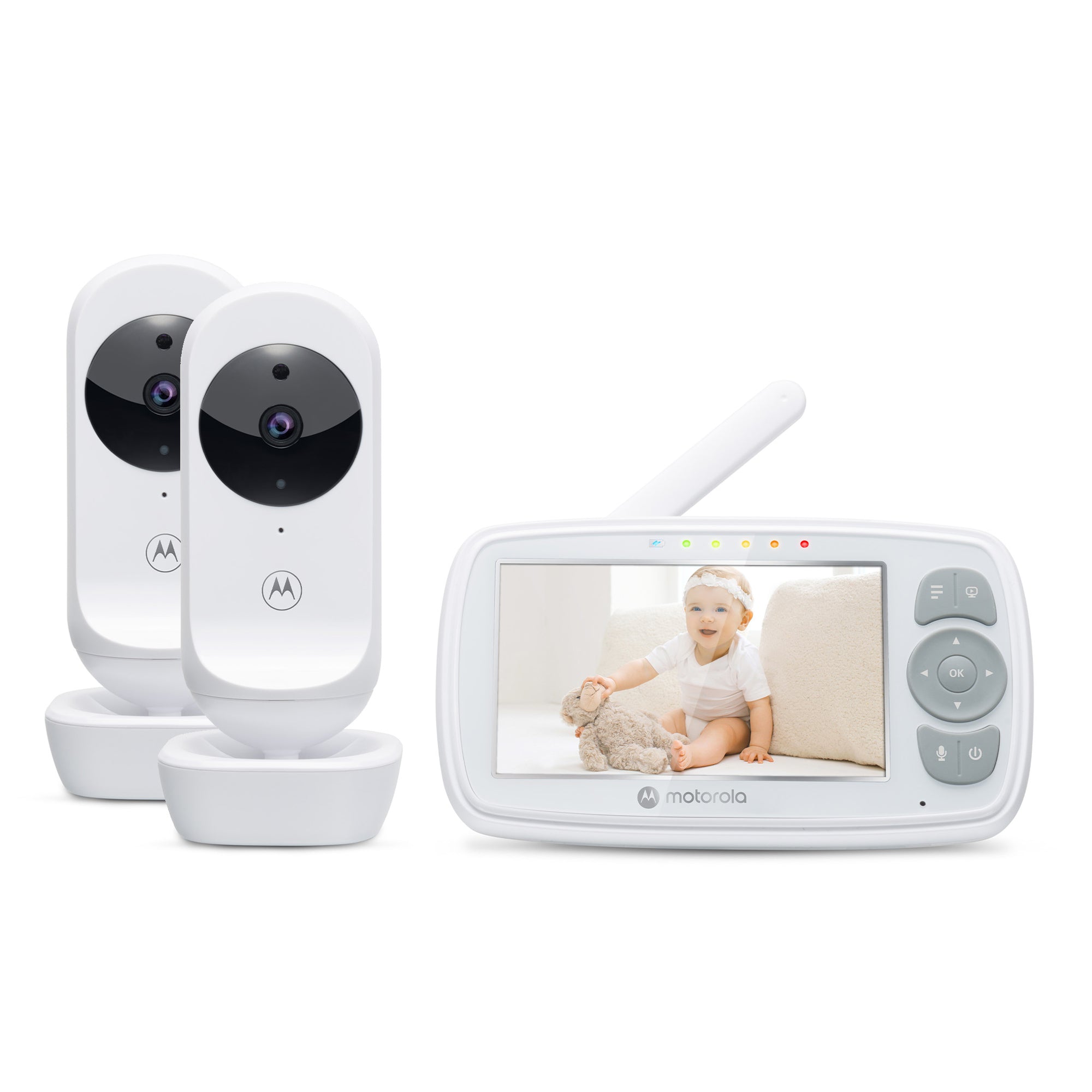 Motorola VM34-2 parent display beside two baby cameras in a clean-background manufacturer rendering.