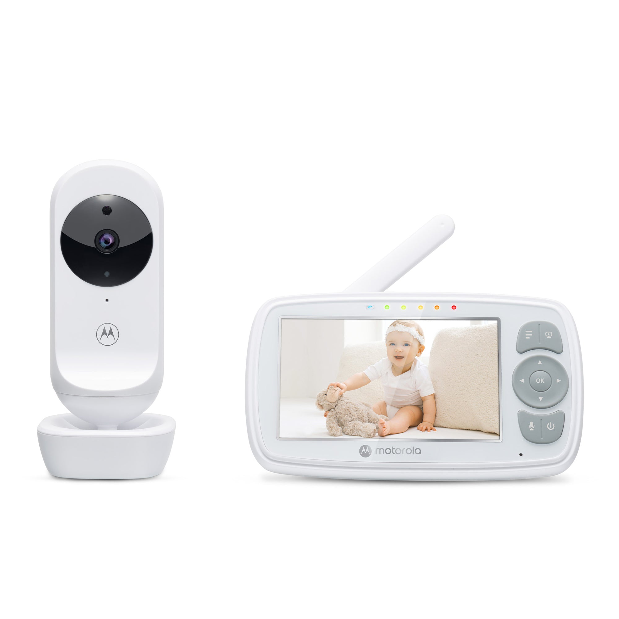 Motorola VM34 baby camera and parent display in a clean-background manufacturer rendering.