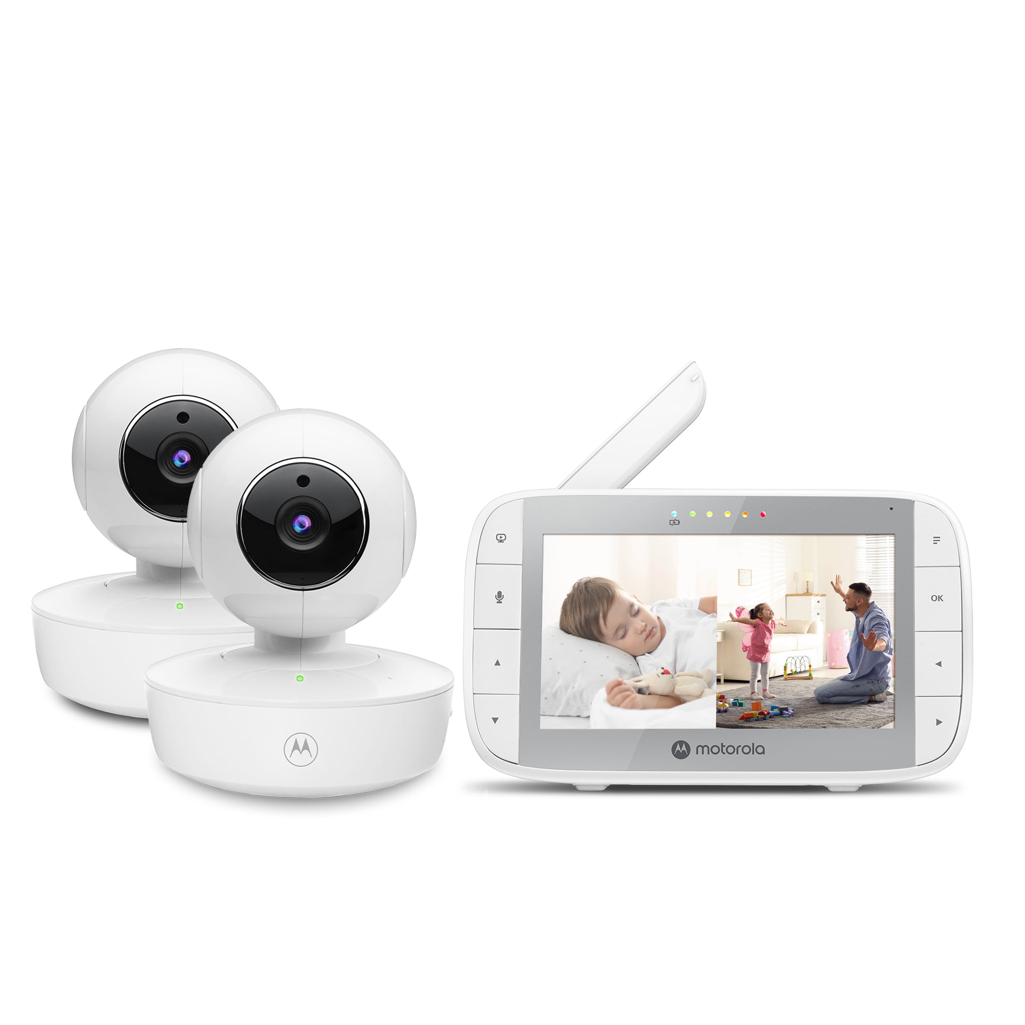 Motorola VM36XL-2 parent display and two cameras in split view, manufacturer rendering.