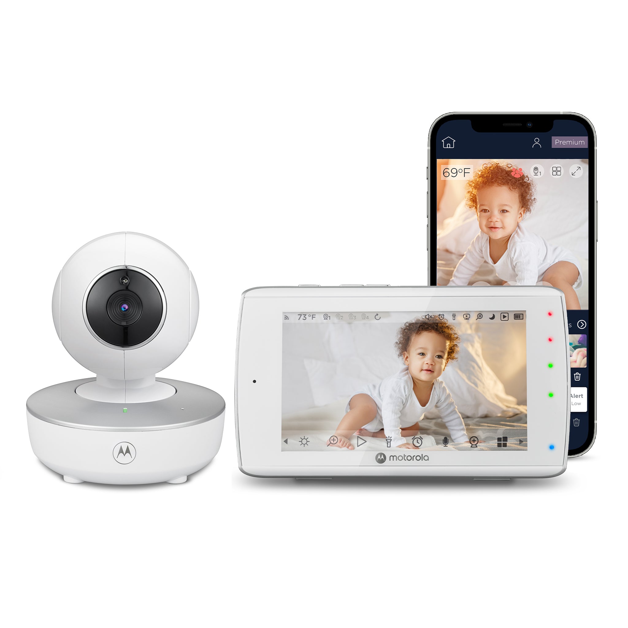 Motorola VM36XL TOUCH CONNECT one-camera package: white camera, 5-inch touchscreen parent unit and phone-app screen.