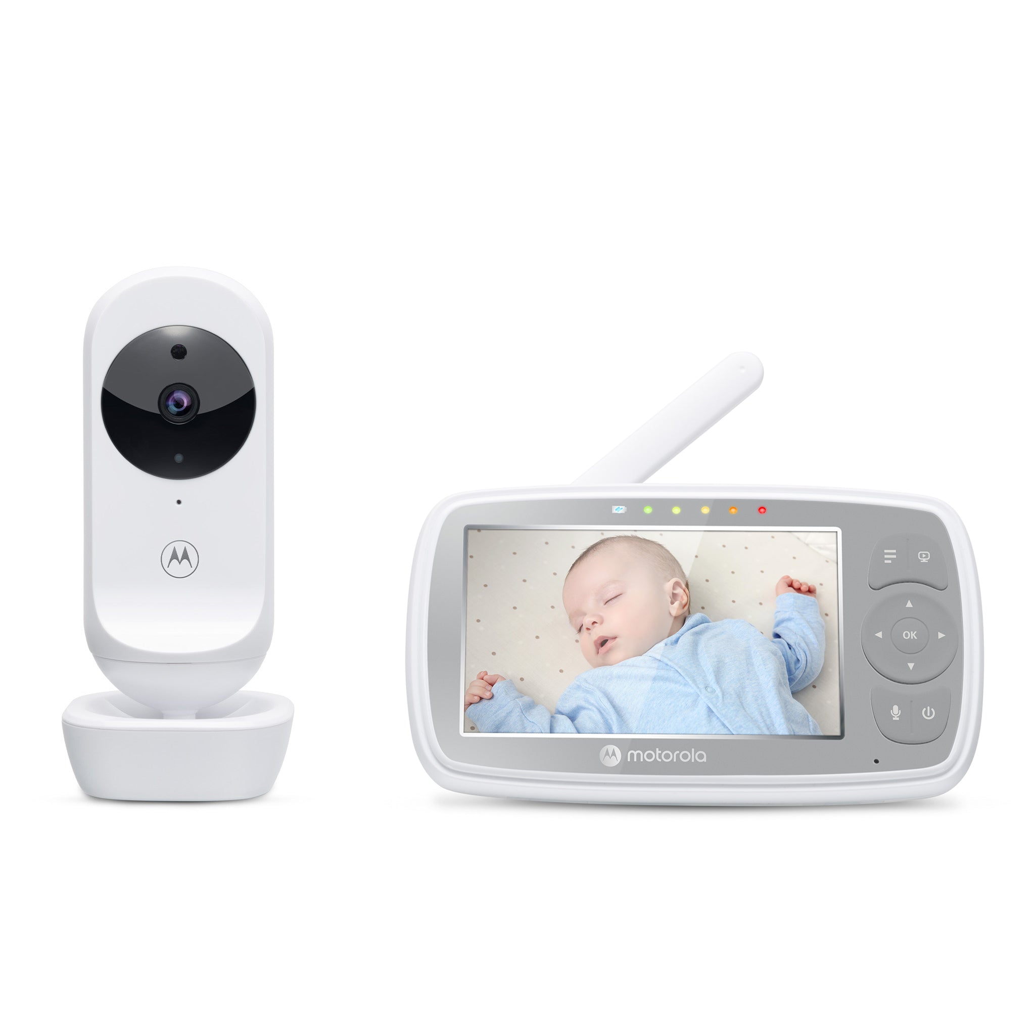 Motorola VM44 CONNECT exact one-camera package composite showing its white camera and 4.3-inch parent display.