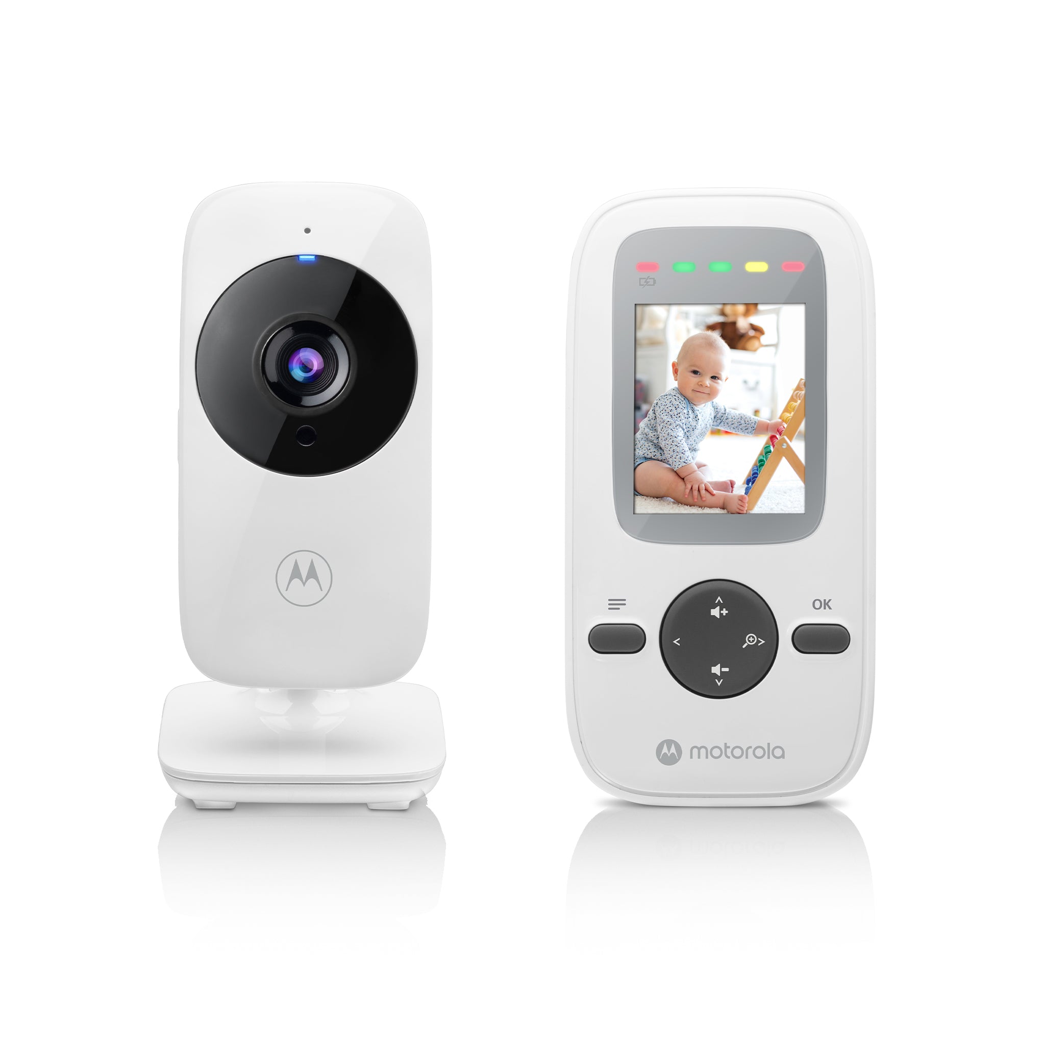 Motorola VM481 parent viewer and one matching camera, shown together in a clean-background manufacturer product composite.