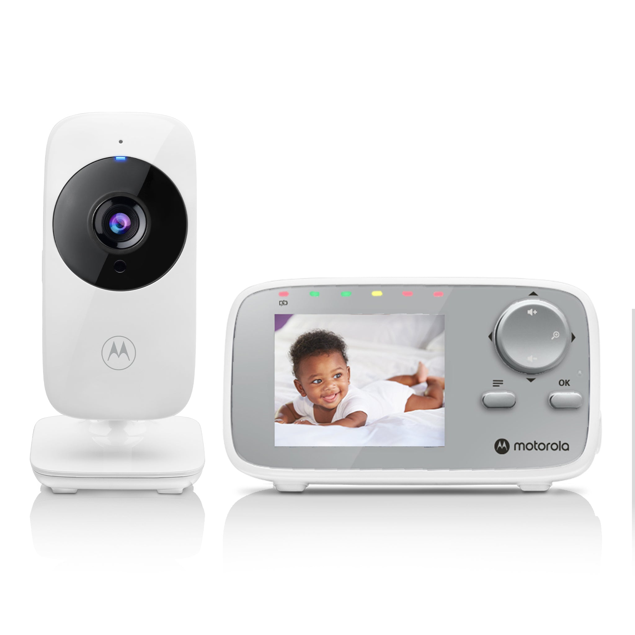 Motorola VM482 parent receiver beside its matching single camera in an official clean-background composite.