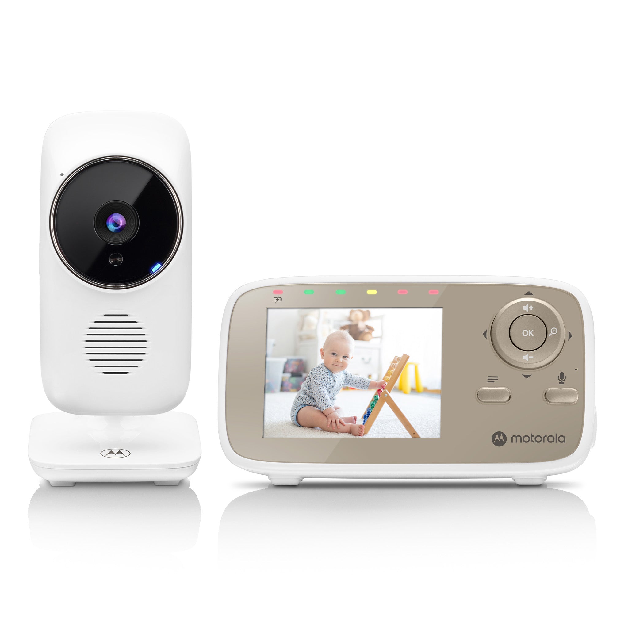 Motorola VM483 parent display and its matching camera in a clean-background manufacturer product composite.