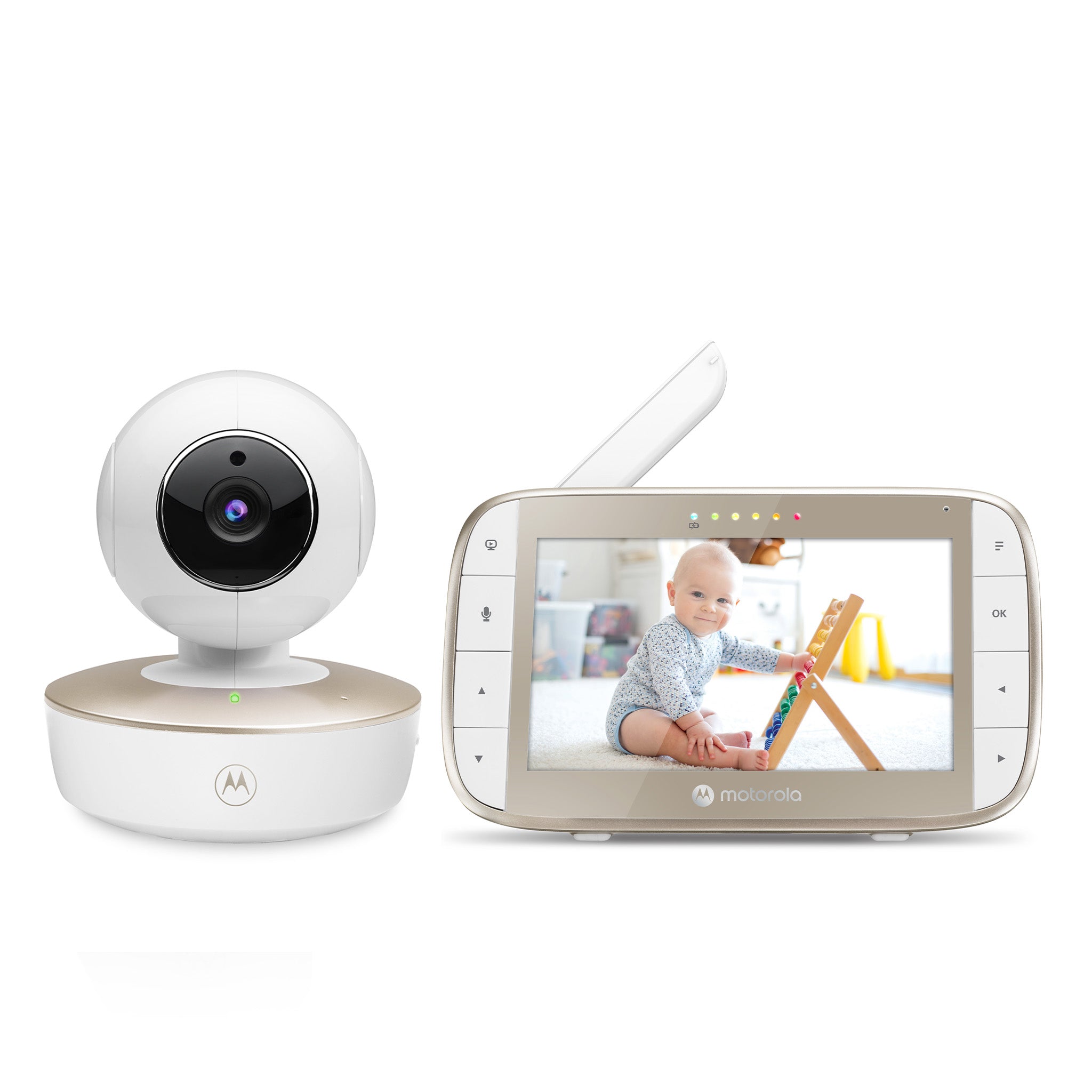 Motorola Nursery VM50G parent monitor and one matching motorized camera shown in a clean-background manufacturer composite.