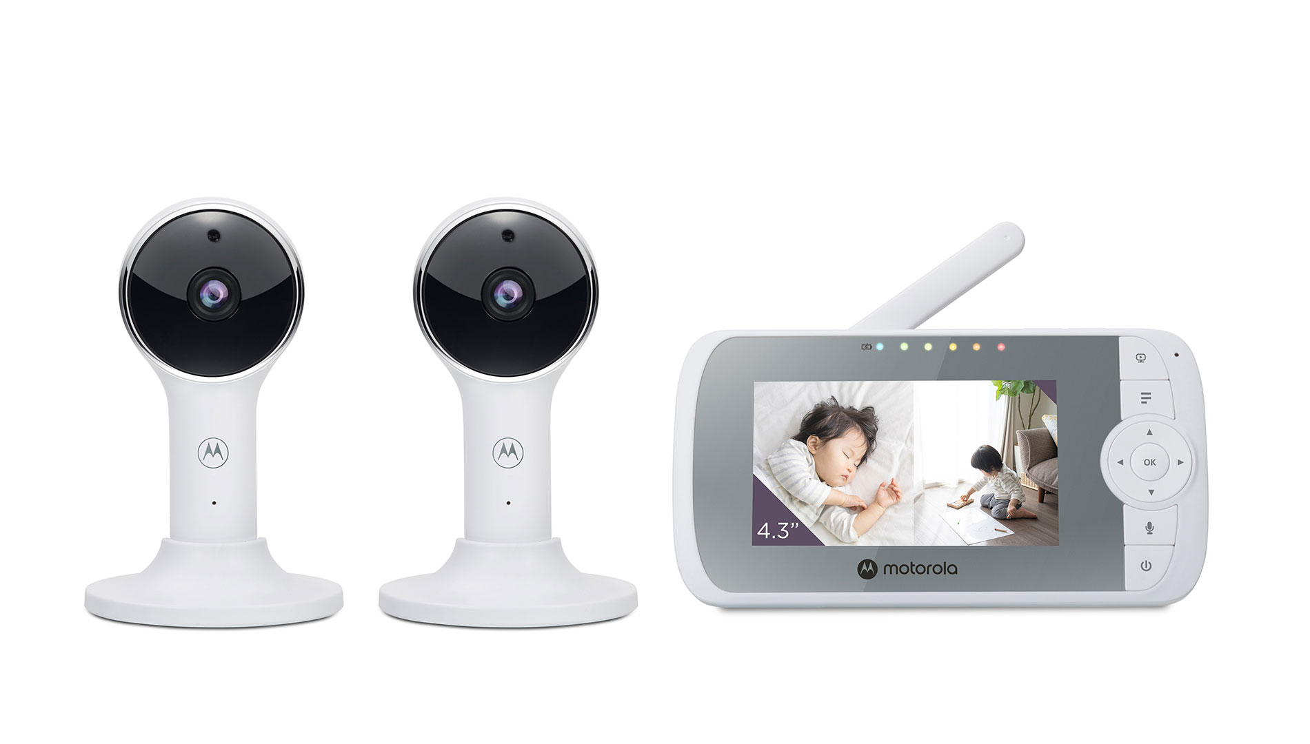 Official Motorola VM64-2 CONNECT product rendering showing two white cameras beside one 4.3-inch parent display.