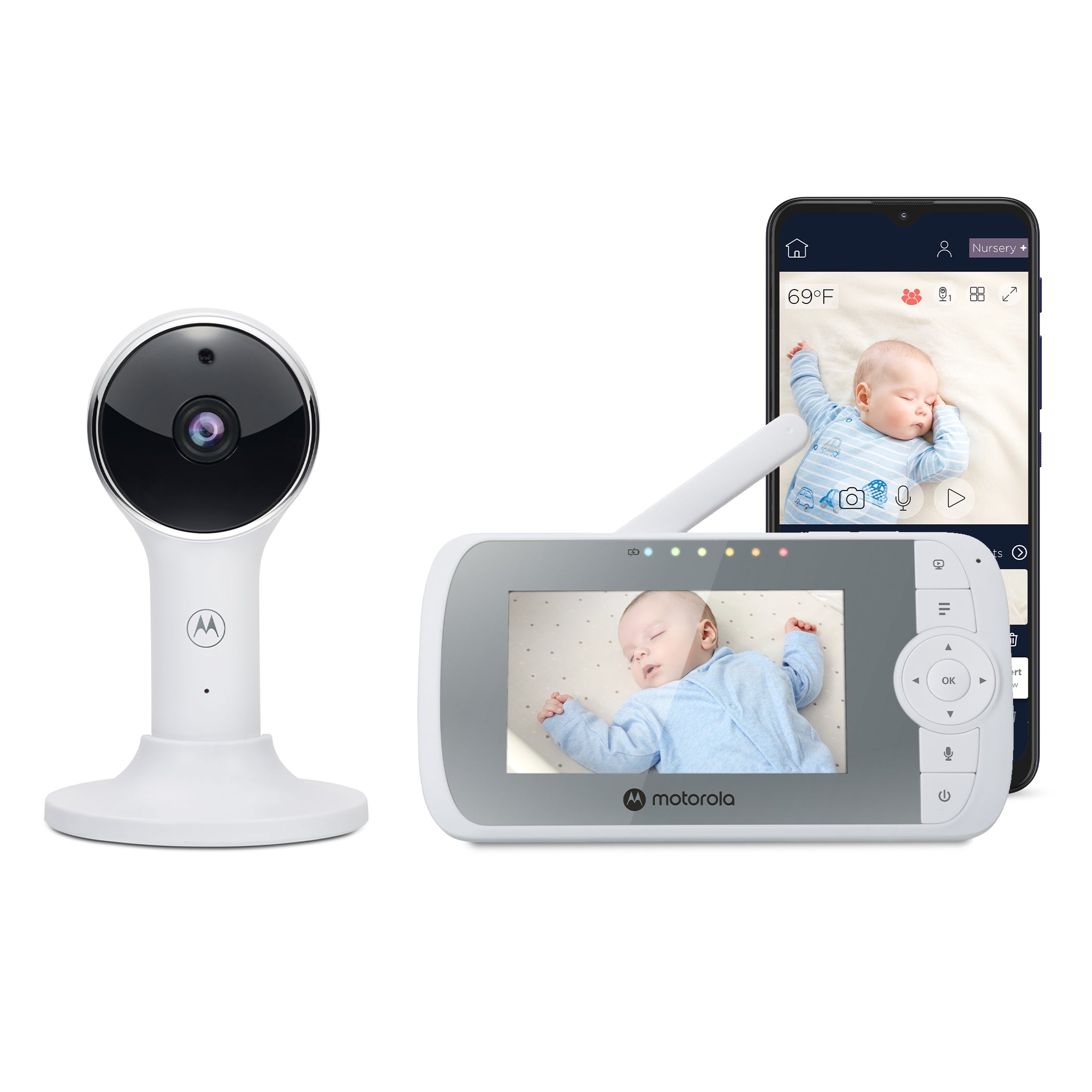 Official Motorola VM64 CONNECT composite showing one white camera, the 4.3-inch parent display and the Motorola Nursery phone app.