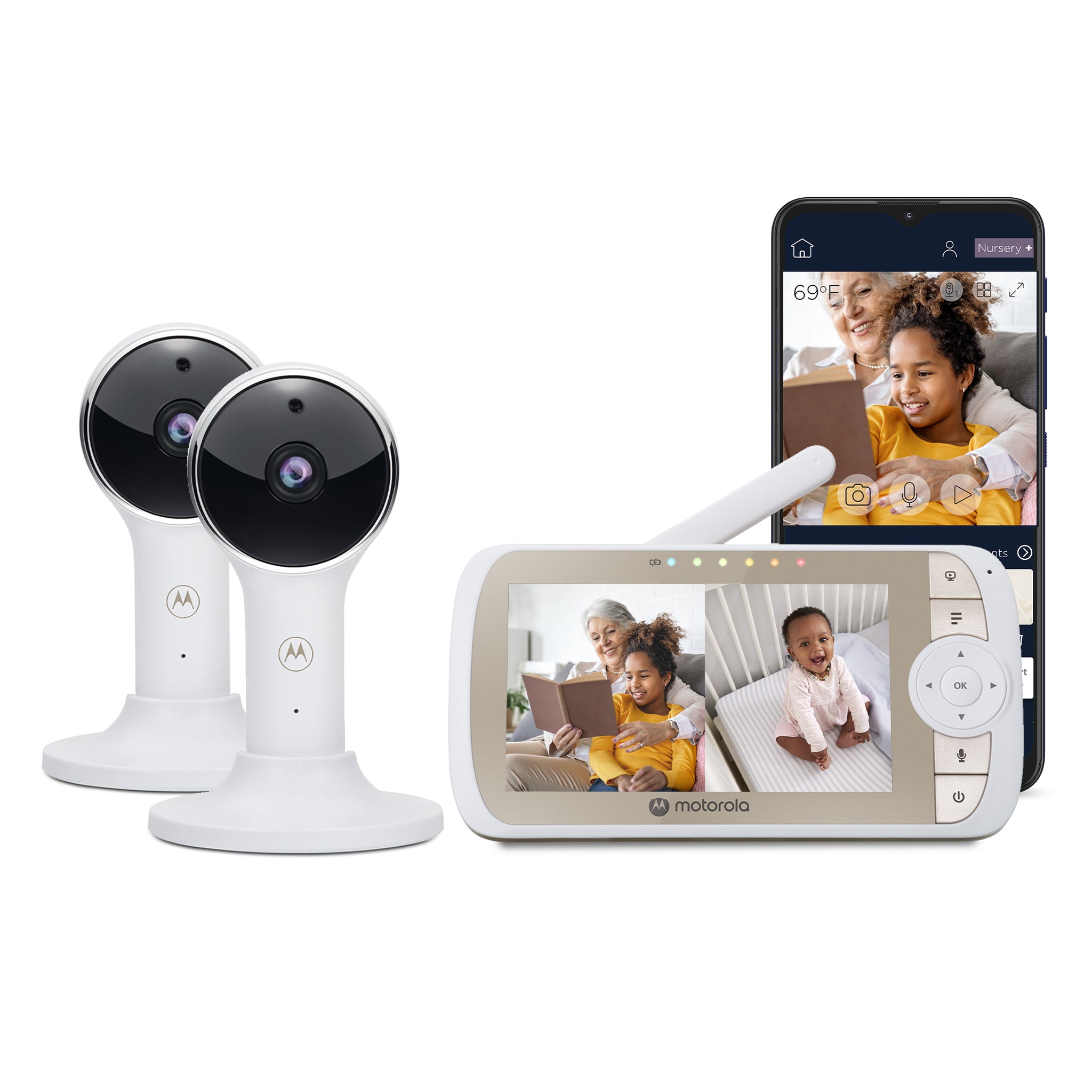 Motorola Nursery VM65-2 CONNECT Twin Pack promotional composite showing two cameras, one five-inch parent monitor with split pictures and the phone app.