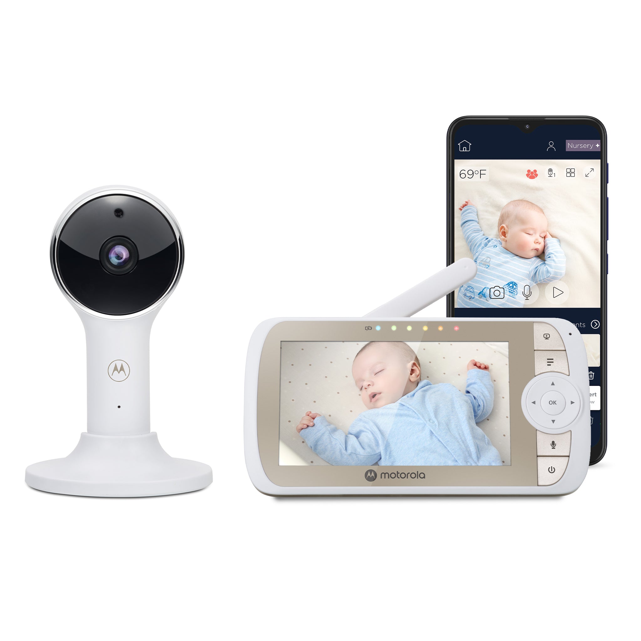 Motorola Nursery VM65 CONNECT promotional composite showing one camera, a five-inch parent monitor and a phone app screen.