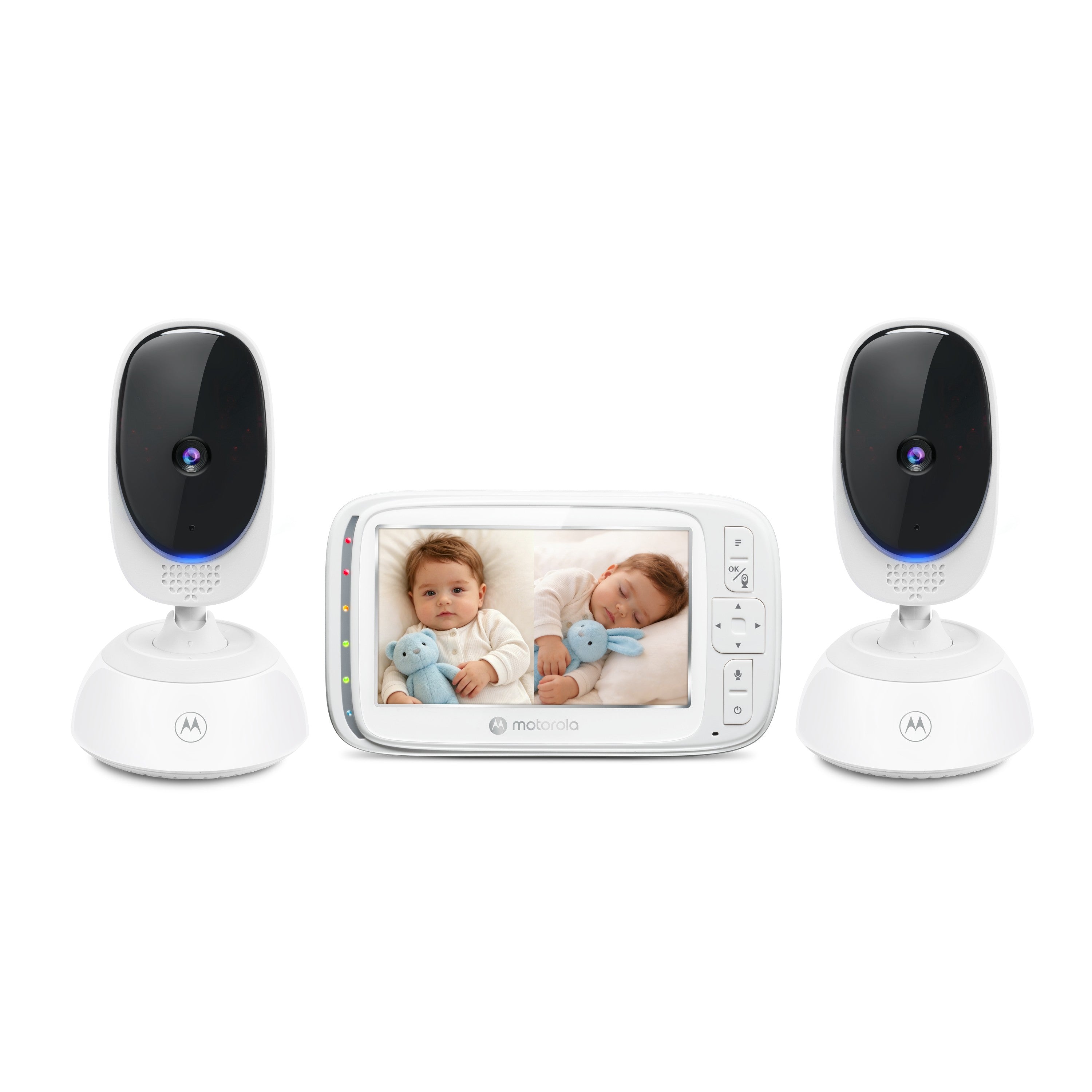 Motorola VM75-2 parent monitor between two matching camera units in an exact Twin Camera manufacturer composite.