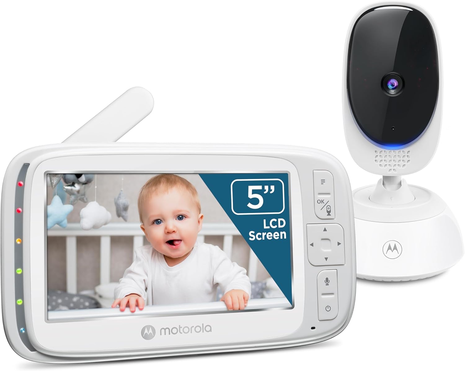 Motorola Nursery VM75 parent display and one matching camera in a clean-background manufacturer composite.