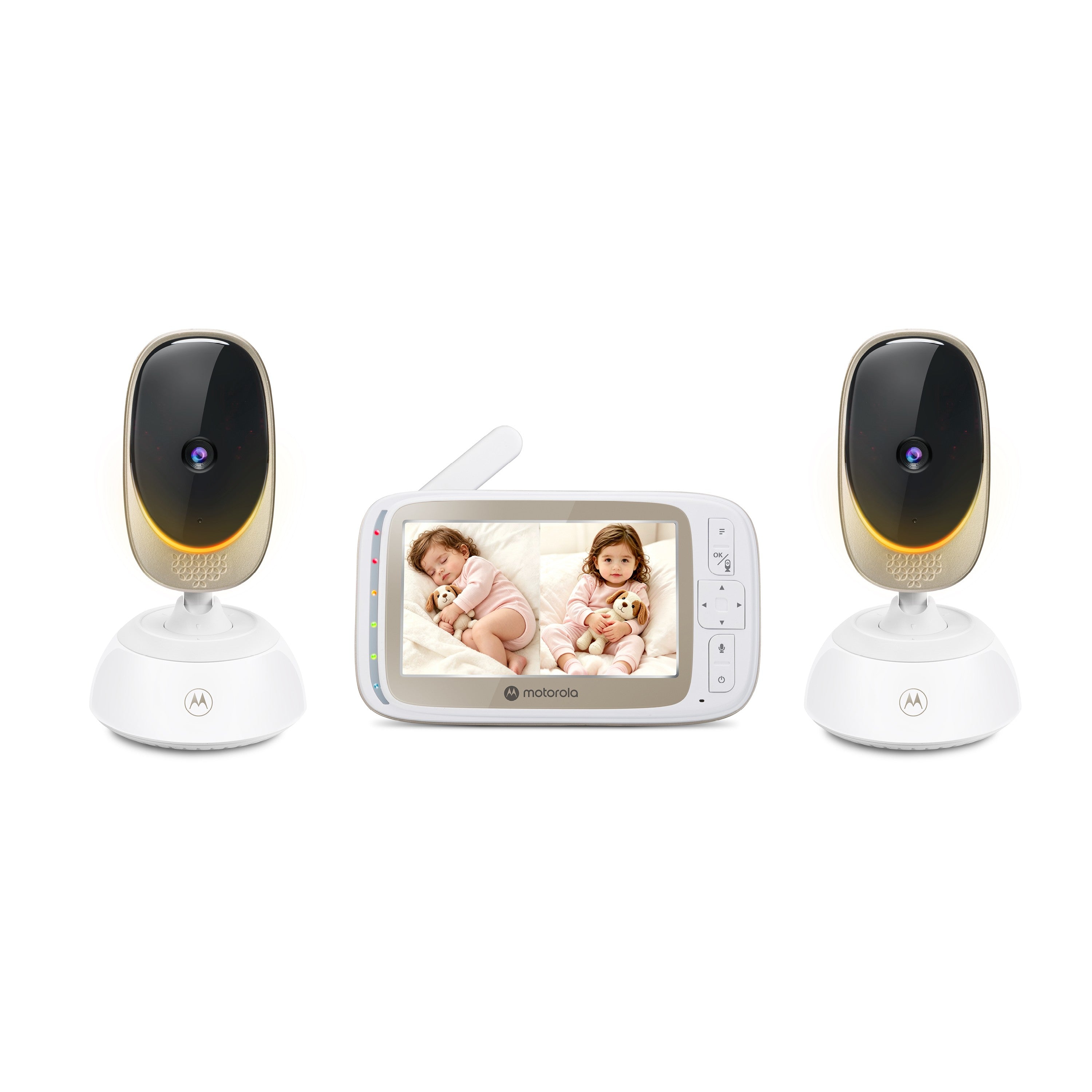 Motorola VM85-2 CONNECT two-camera kit, five-inch parent monitor and advertised split-screen picture in a manufacturer e-commerce composite.
