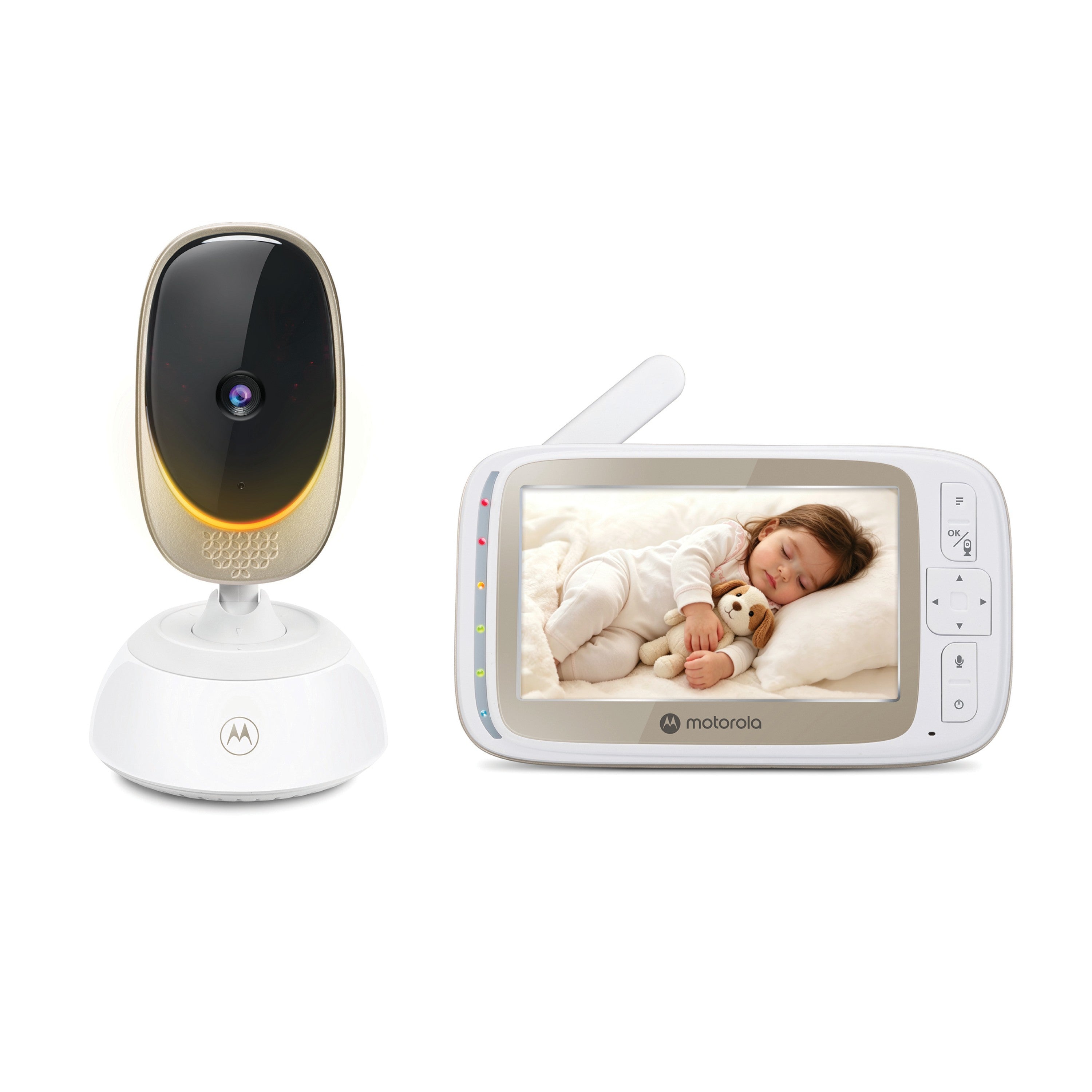 Motorola VM85 CONNECT one-camera kit with its camera and five-inch parent monitor in a manufacturer e-commerce composite.