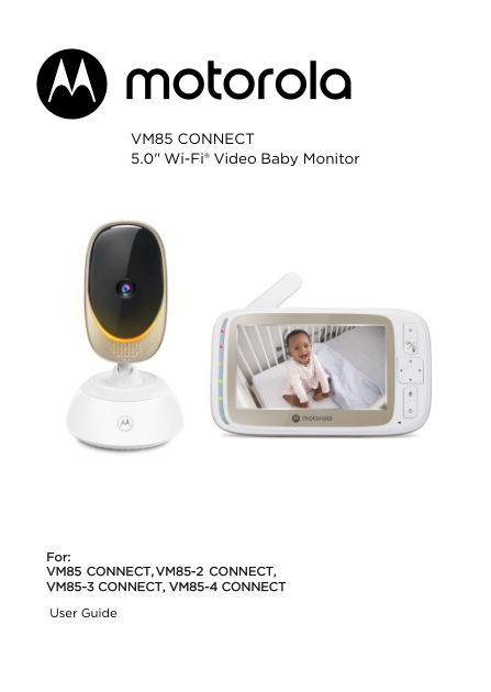 Copertina ufficiale della guida utente della famiglia Motorola VM85 CONNECT, con una telecamera e un monitor genitore e il nome VM85-3 CONNECT; non è una foto della confezione specifica del suffisso.