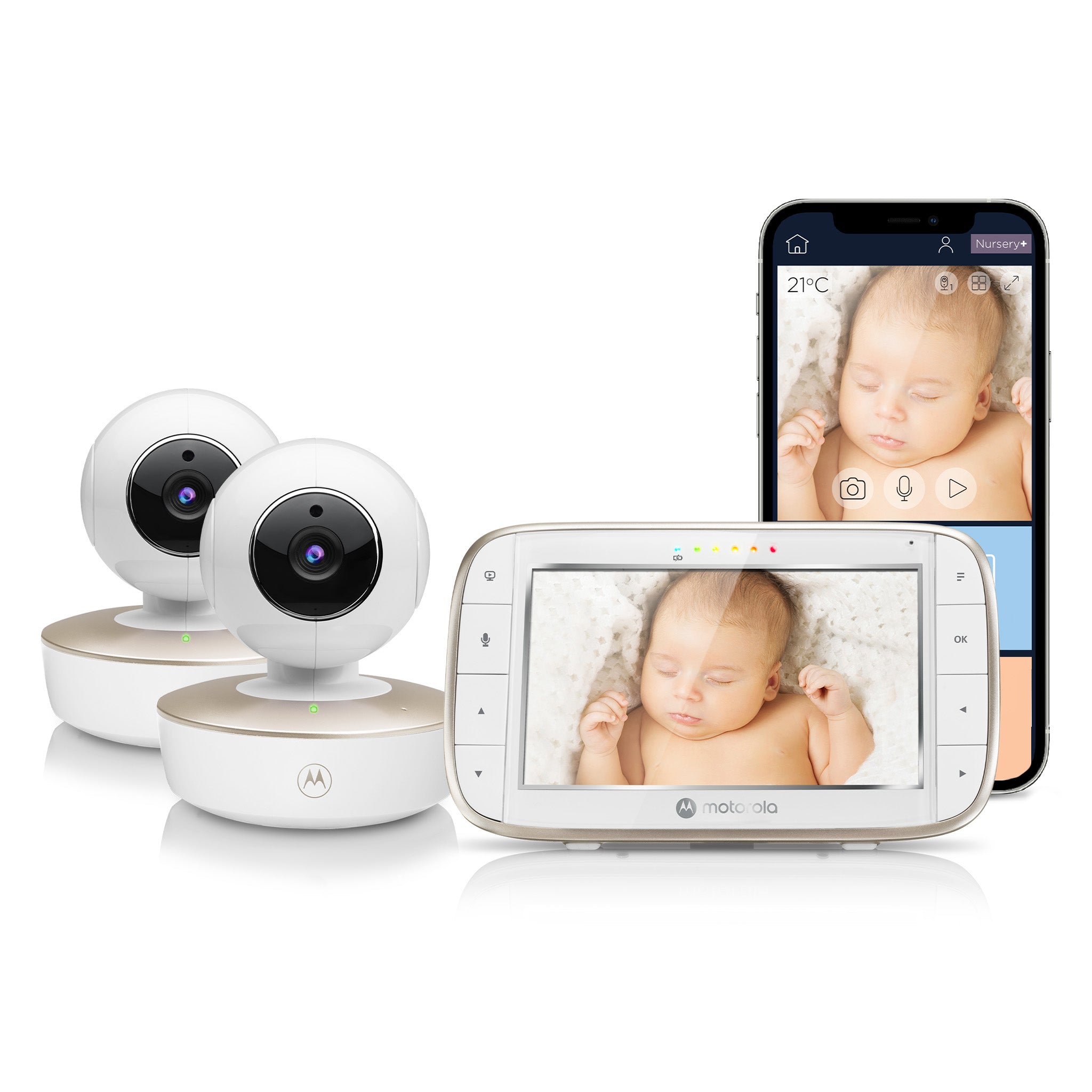 Motorola VM855-2 CONNECT Twin Pack manufacturer composite showing two cameras and one five-inch parent screen with app artwork.