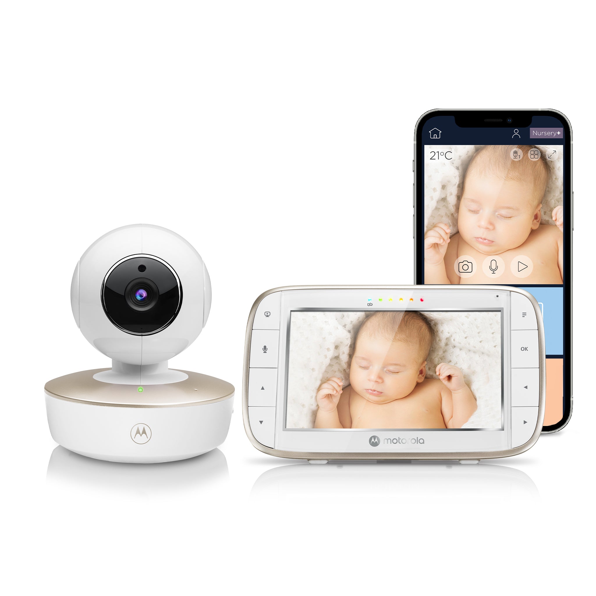 Motorola VM855 CONNECT manufacturer composite showing one camera and one five-inch parent screen with phone app artwork.
