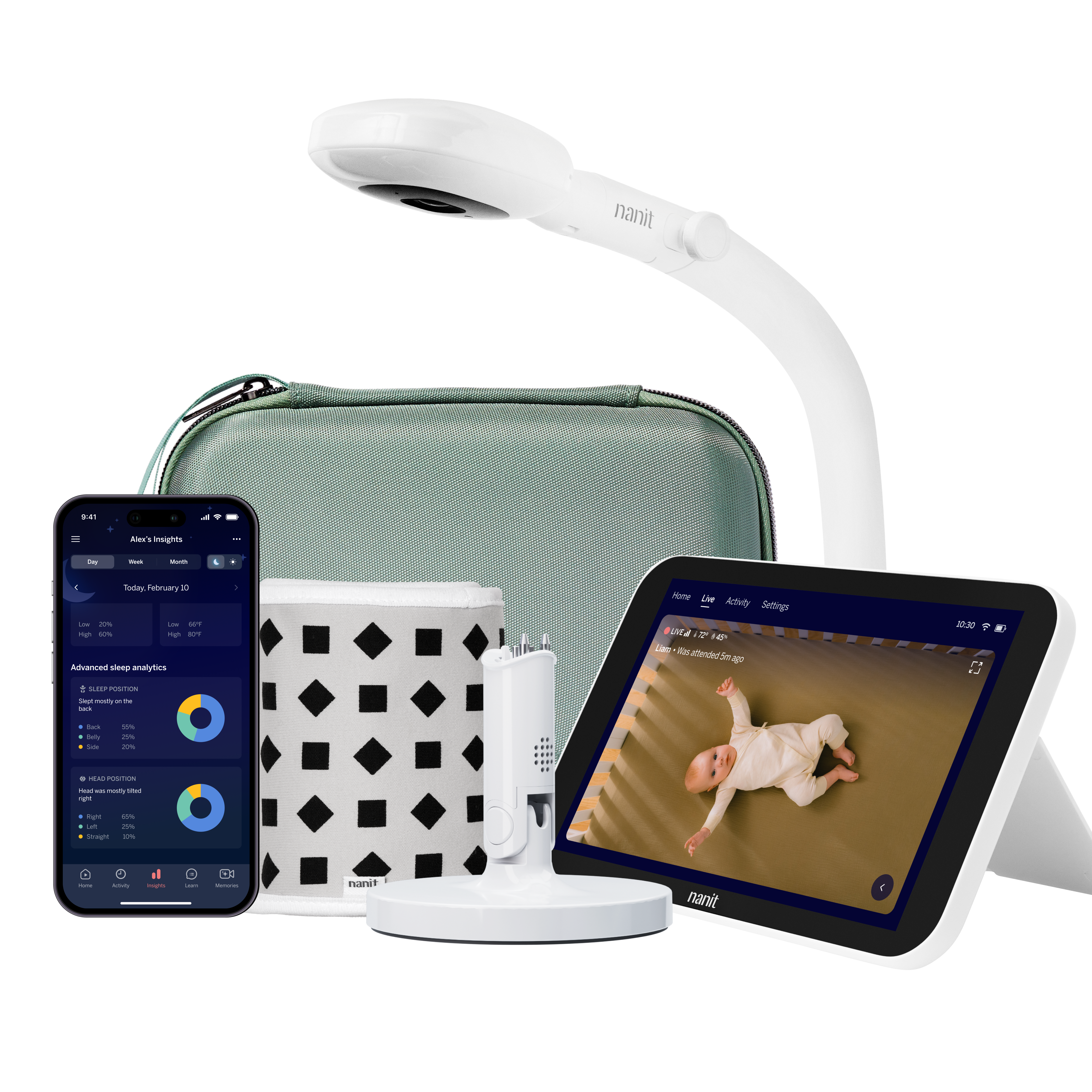 Nanit Best Sellers Bundle green floor-stand camera, travel case, Flex Stand, breathing band and app phone, with the included Home display.