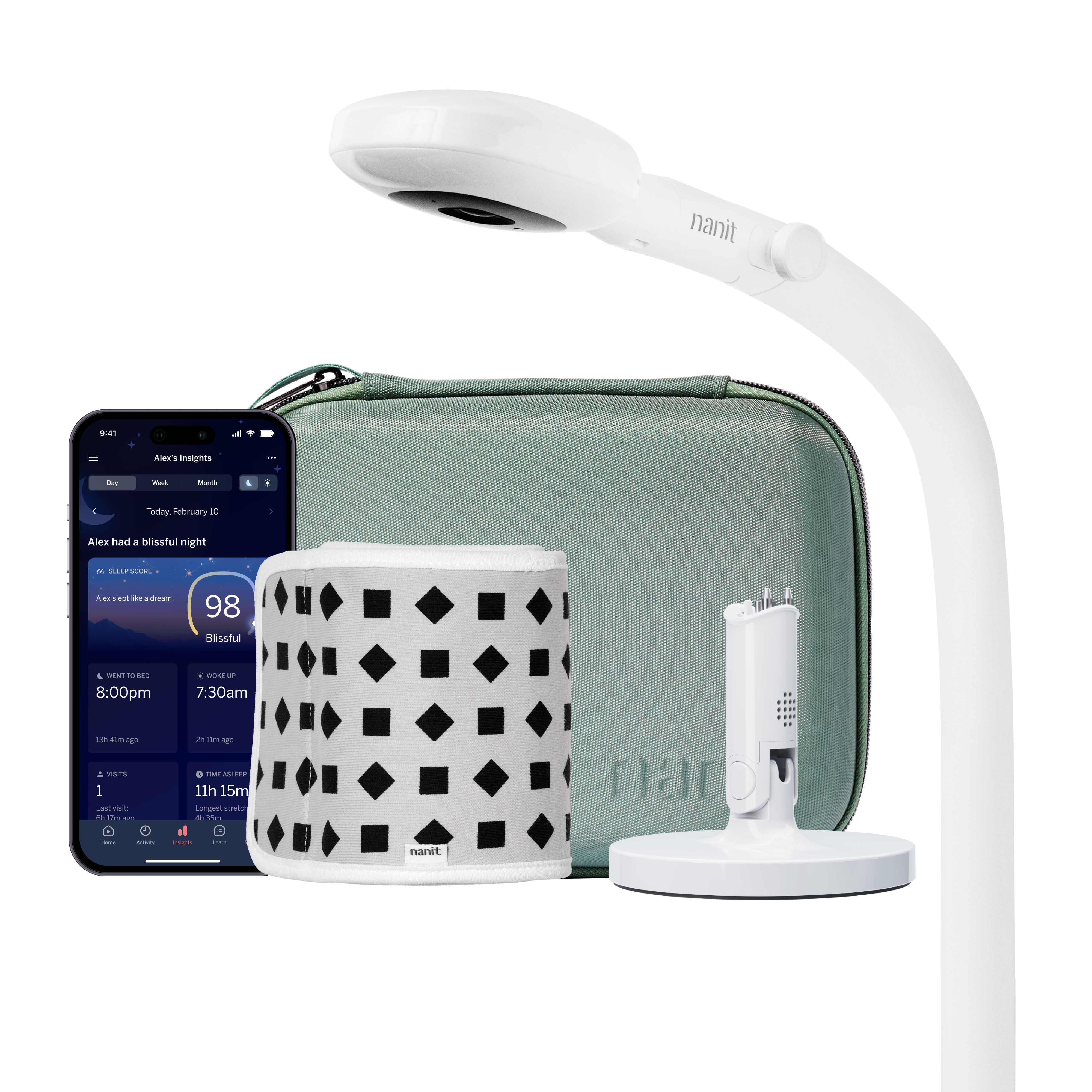 Nanit Best Sellers Bundle green floor-stand camera, travel case, Flex Stand, breathing band and app phone; selected Camera only option has no Home display.