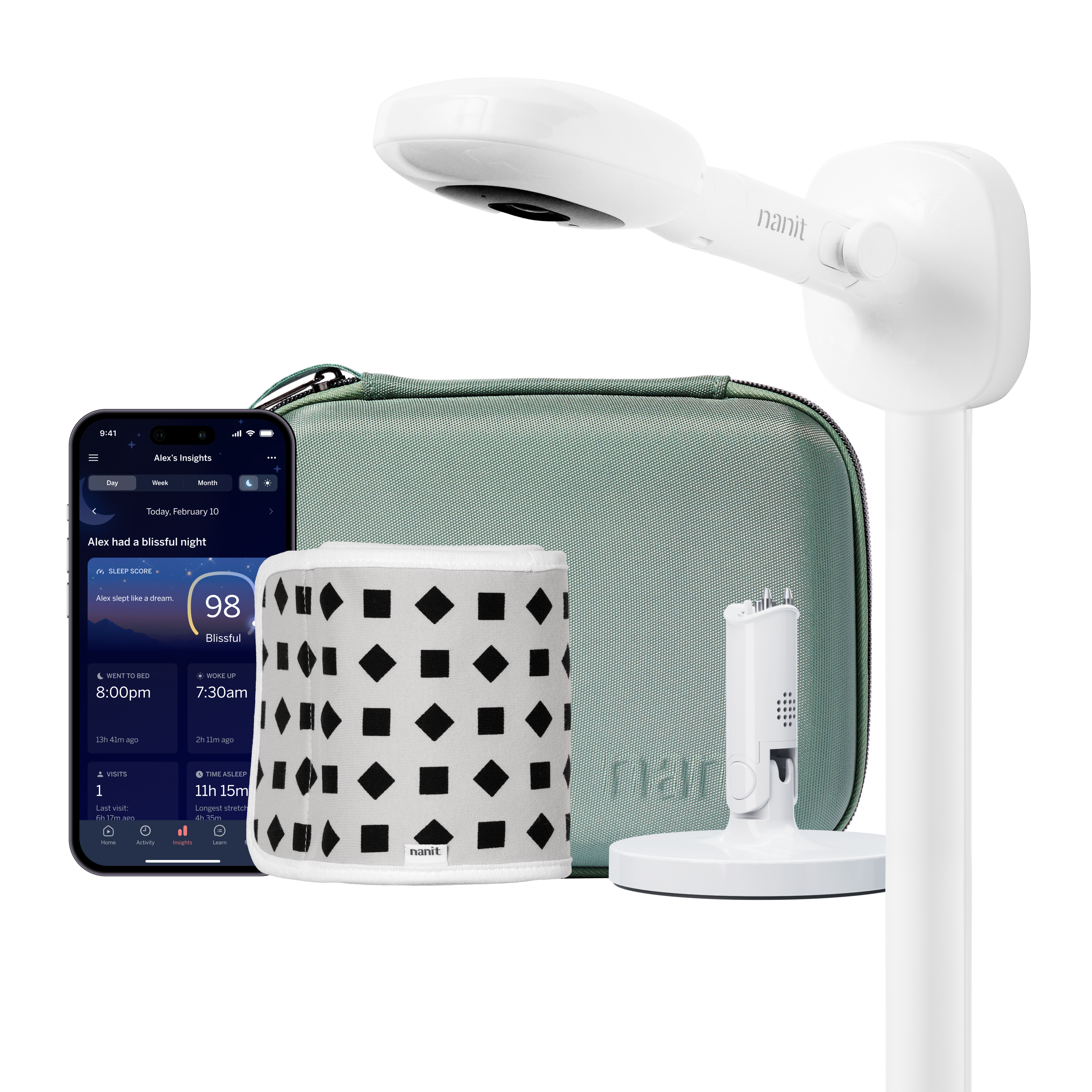 Nanit Best Sellers Bundle Green wall-mounted camera kit with travel case, portable stand and app phone in a manufacturer composite.