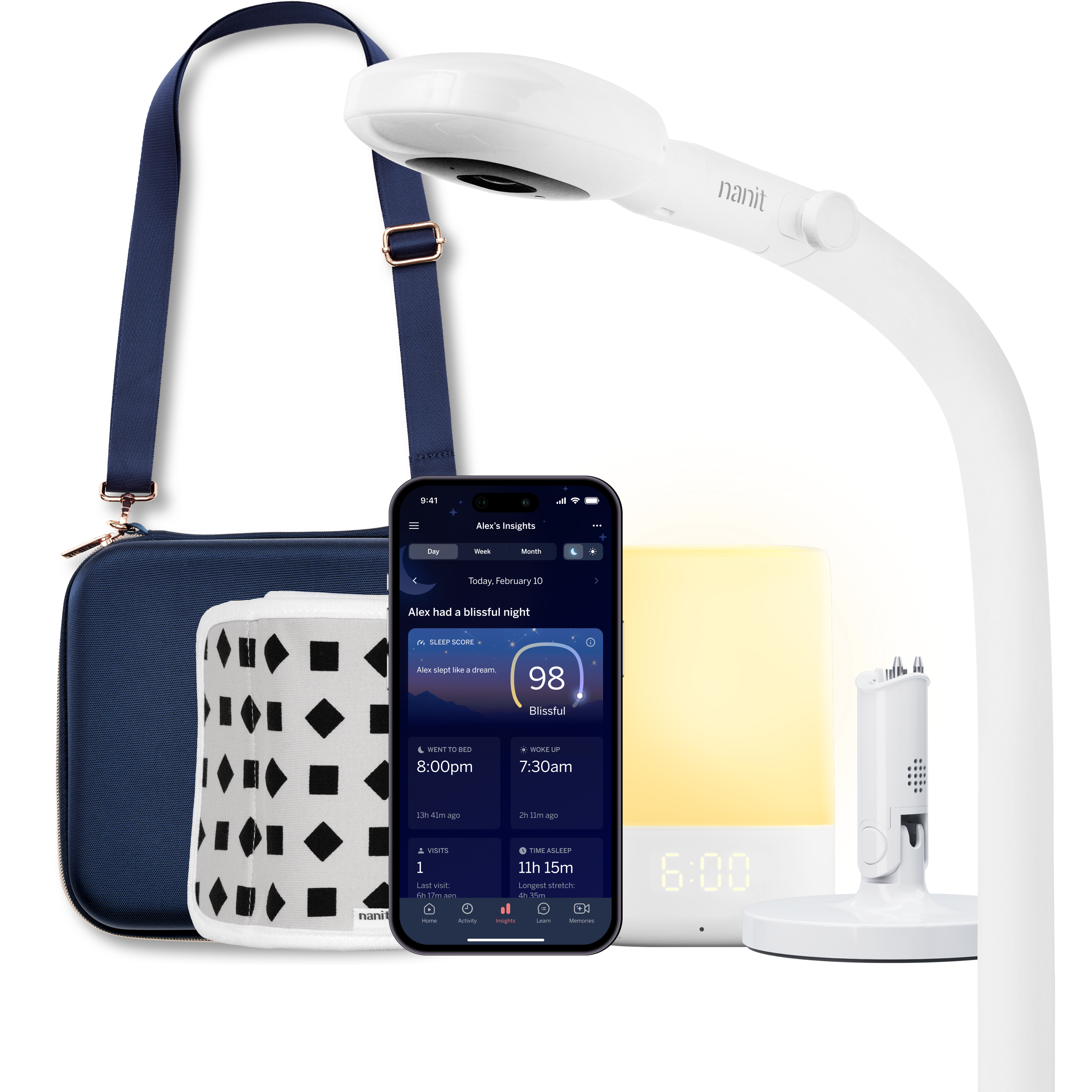 Nanit Premium Bundle Floor Stand in Blue Oxford: camera and chosen mount with carrying case, Sound + Light Machine, Flex Stand, Breathing Band and app imagery.