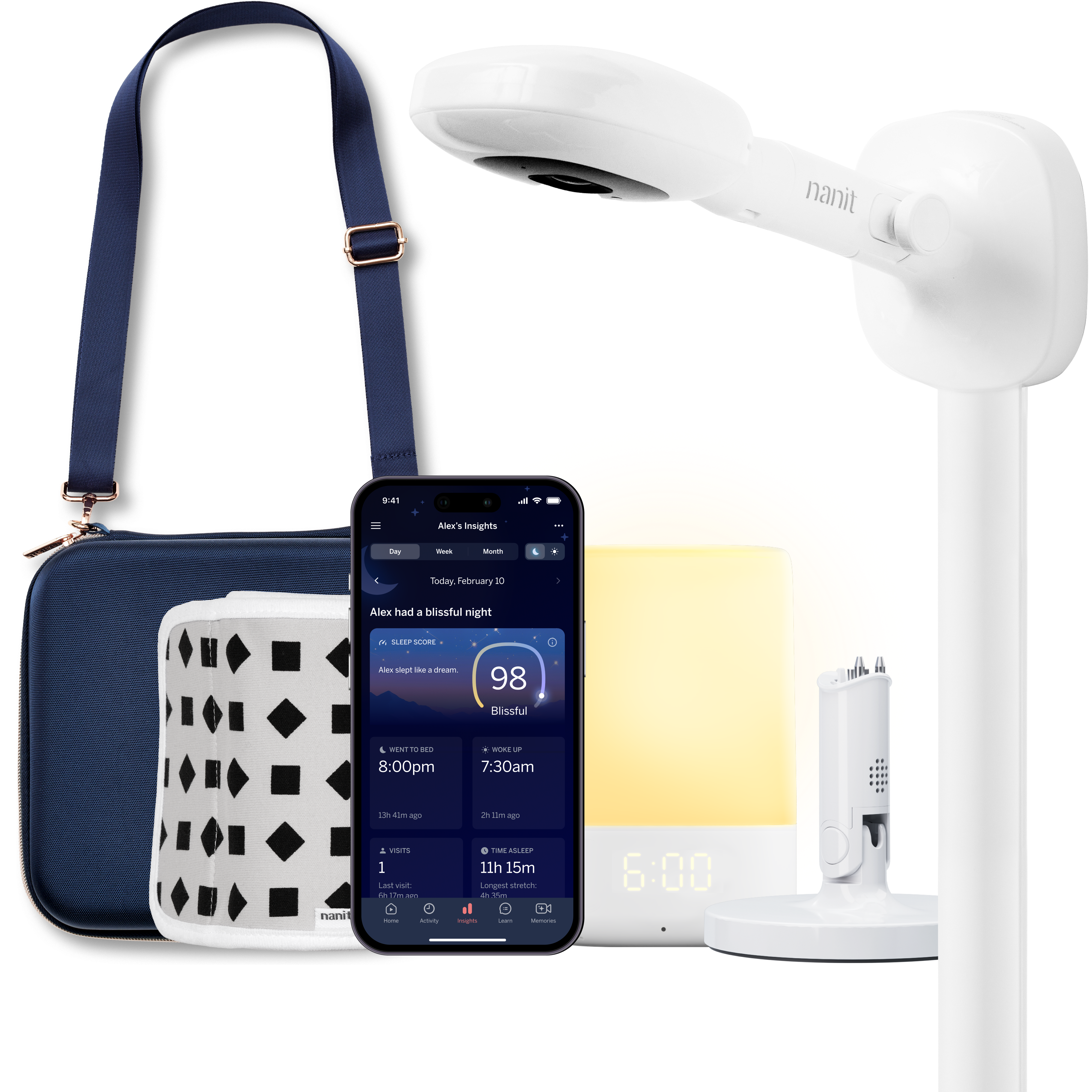 Nanit Premium Bundle Wall Mount in Blue Oxford: camera and chosen mount with carrying case, Sound + Light Machine, Flex Stand, Breathing Band and app imagery.