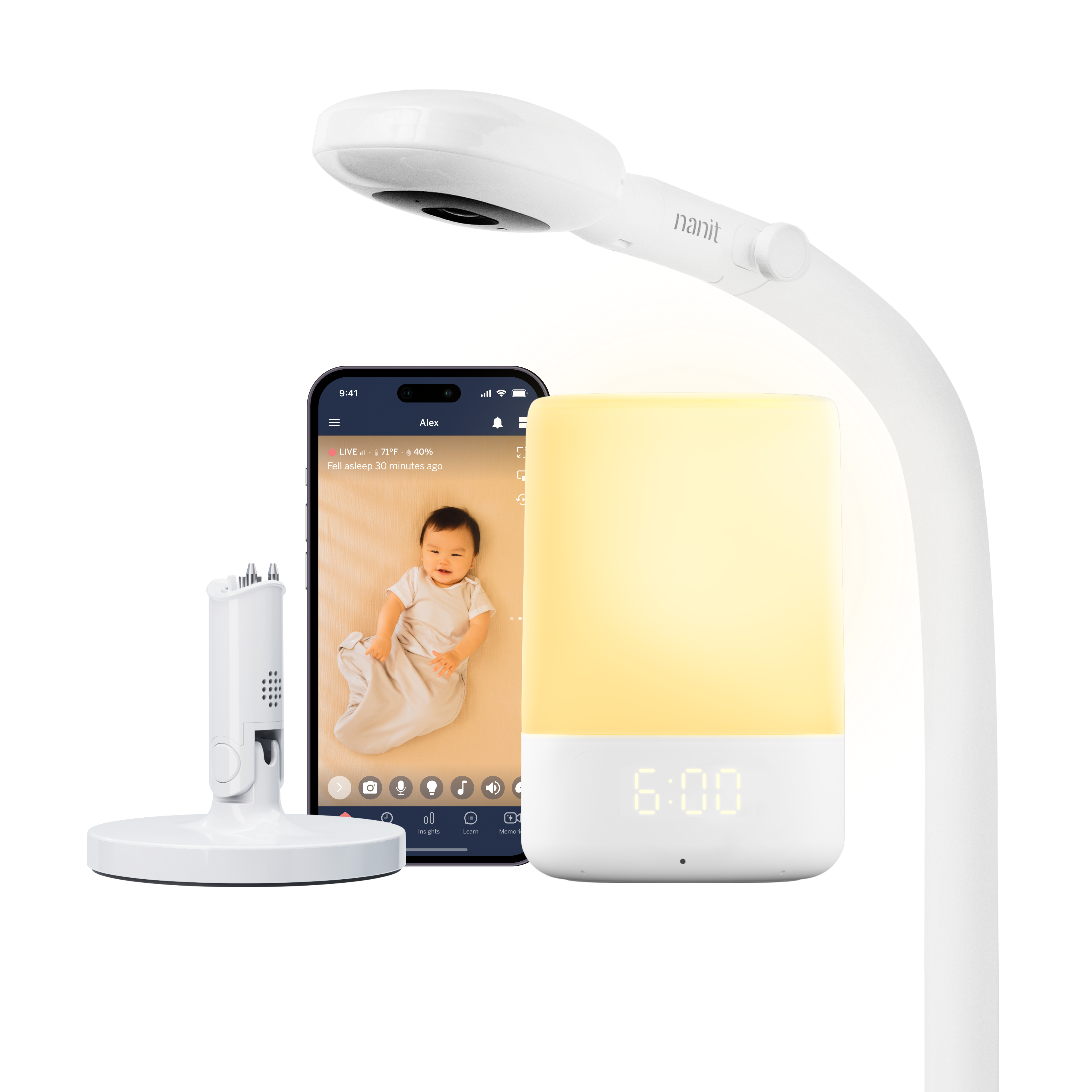 Nanit Signature Bundle product composite showing its Pro camera and Floor Stand, portable Flex Stand, phone and Sound + Light Machine.