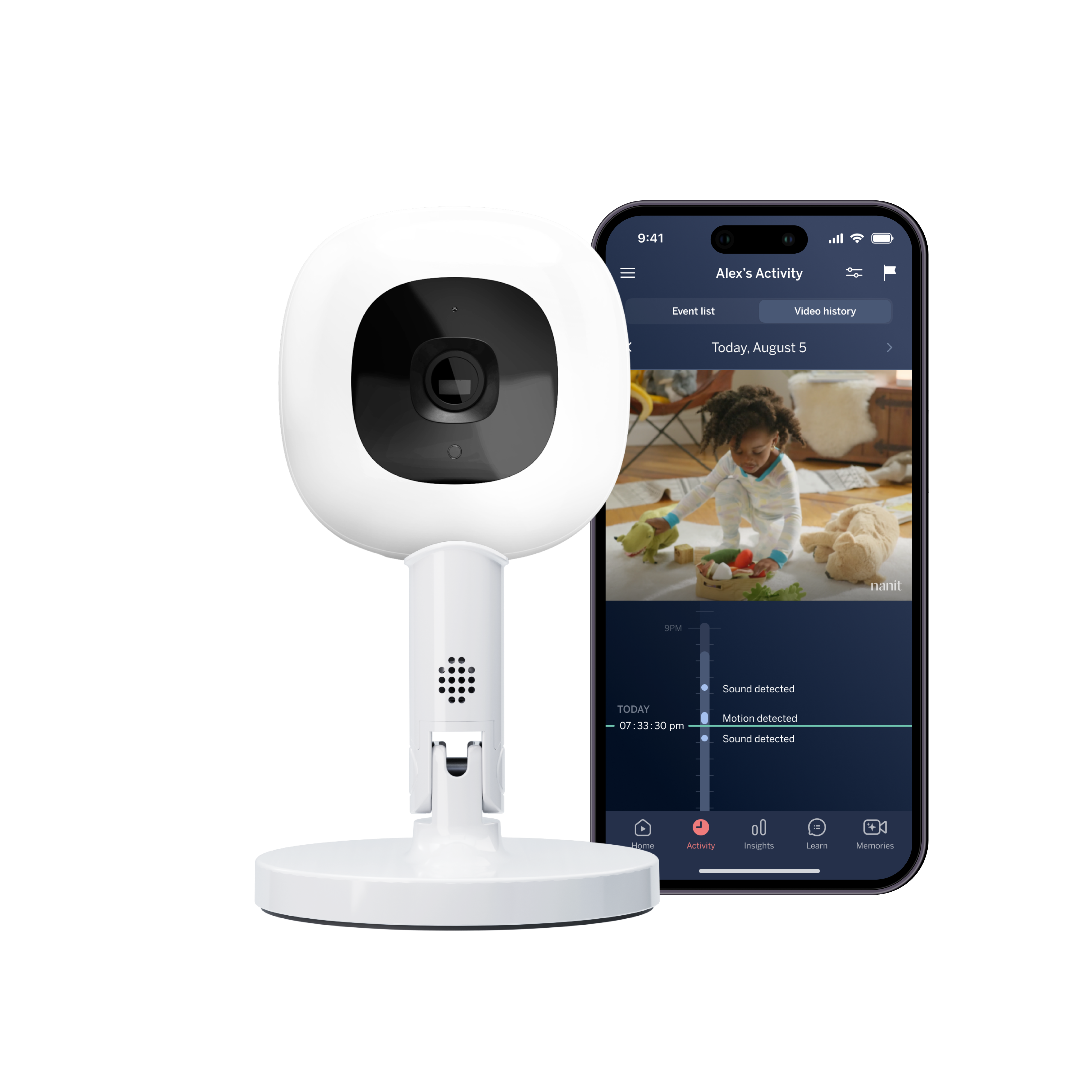 Nanit camera on the compact Flex Stand beside a phone showing the Nanit app, in an official product rendering.