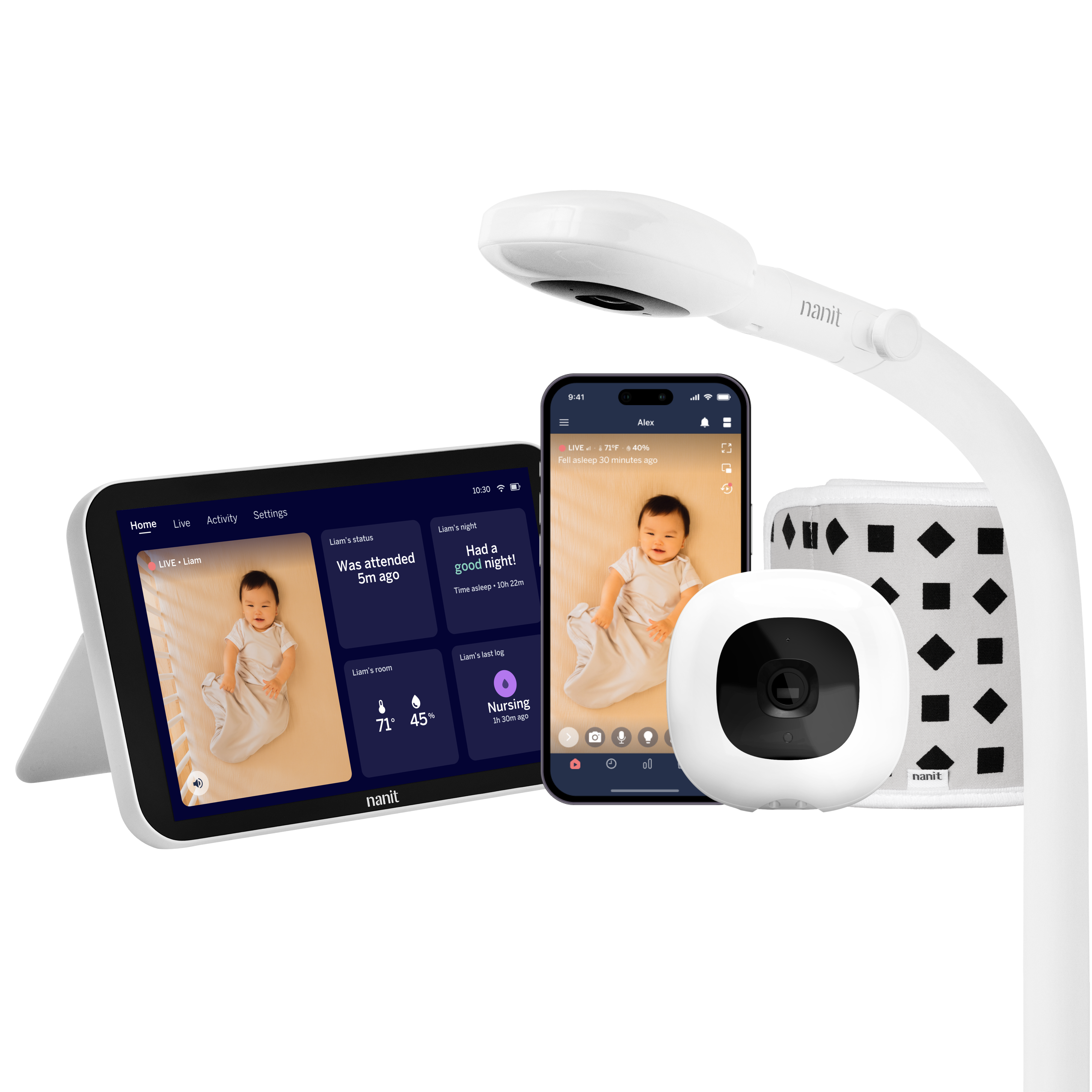 Nanit Smart Baby Monitor with Floor Stand and included 8-inch Home touchscreen in a manufacturer composite.